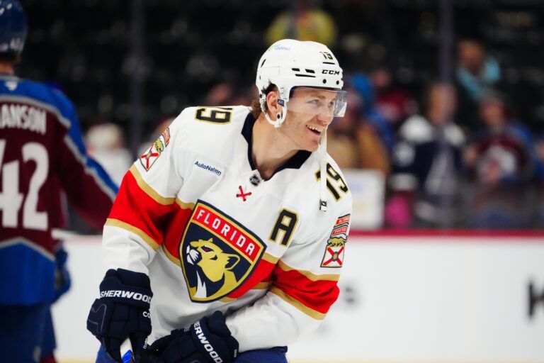 Florida Panthers left wing Matthew Tkachuk (19) before the game against the Colorado Avalanche at Ball Arena.
