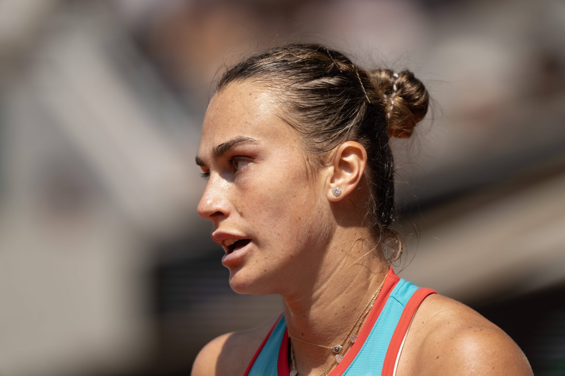 Aryna Sabalenka during her match against Qinwen Zheng  of China on day 10 at Roland Garros Stadium.