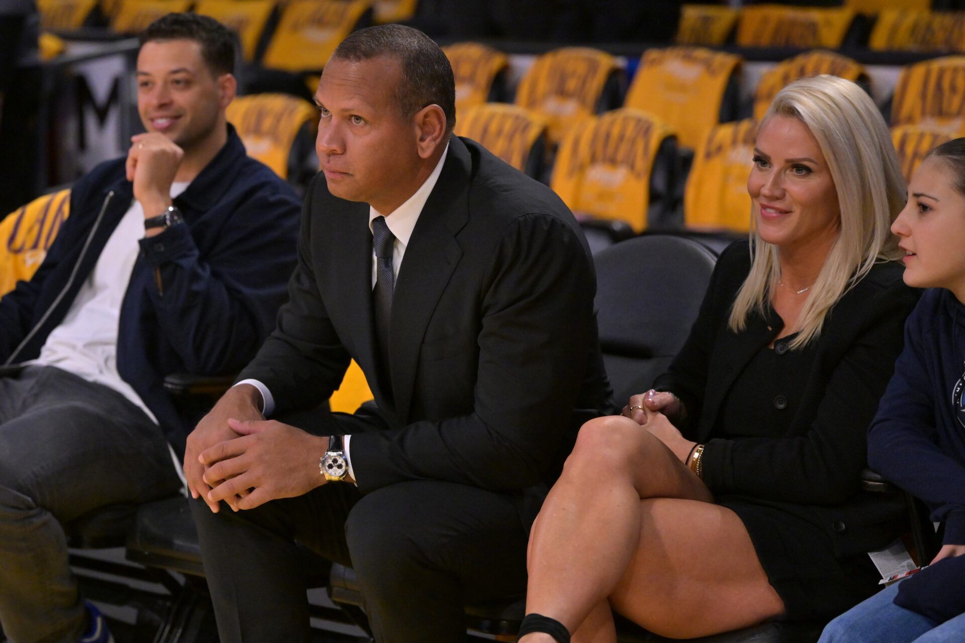 MLB Hall of Famer Alex Rodriguez sits court-side to watch pre-game warm ups with his girlfriend Jaclyn Cordeiro prior to the game between the Los Angeles Lakers and the Minnesota Timberwolves at Crypto.com Arena.