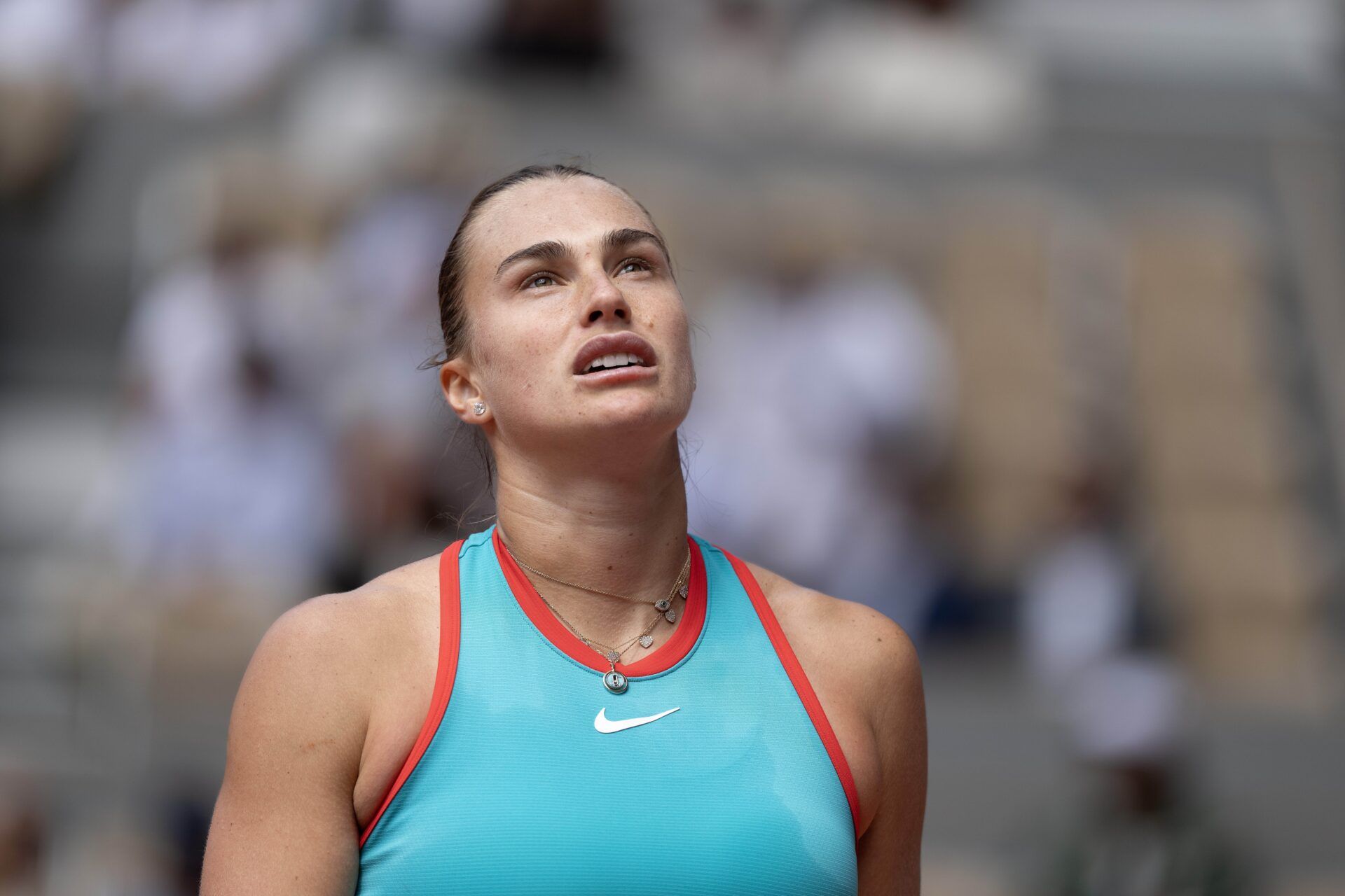Aryna Sabalenka during her match against Qinwen Zheng  of China on day 10 at Roland Garros Stadium.
