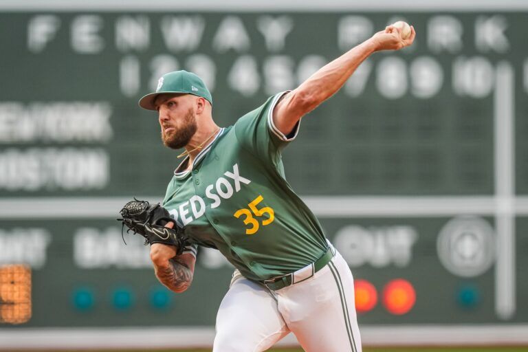 Boston Red Sox pitcher Garrett Crochet (35) throws a pitch against the New York Yankees in the first inning at Fenway Park.