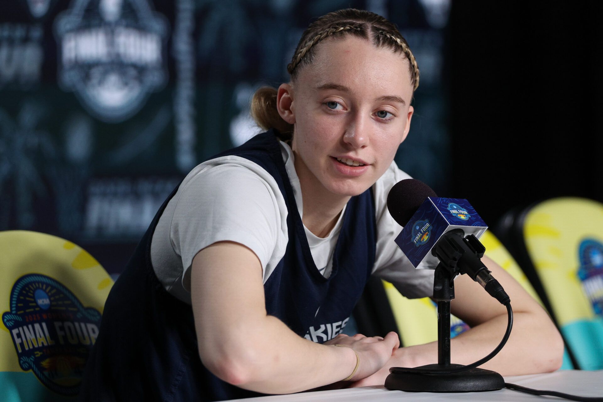 UConn Huskies guard Paige Bueckers (5) talks to media before the NCAA Woman’s Final practice at Amalie Arena.