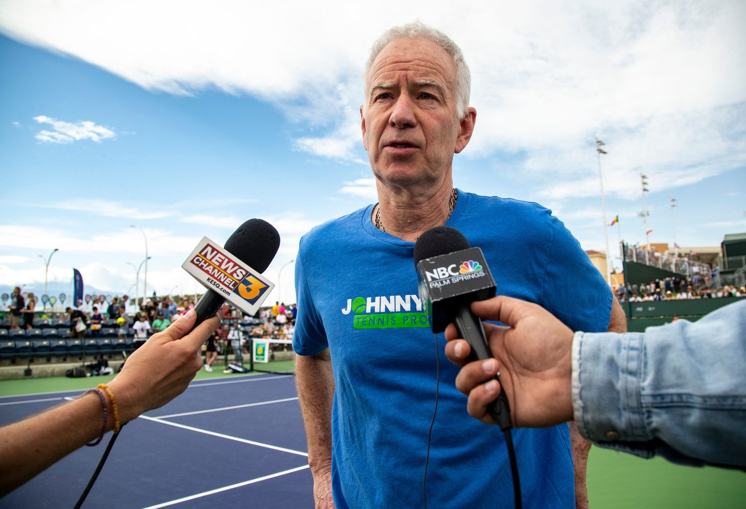 Former professional tennis player and hall of fame inductee John McEnroe is interviewed by members of the media during a press conference announcing the expansion of the Team BNP Paribas Young Talents program at the BNP Paribas Open at the Indian Wells Tennis Garden in Indian Wells, Calif., Saturday, March 11, 2023.
