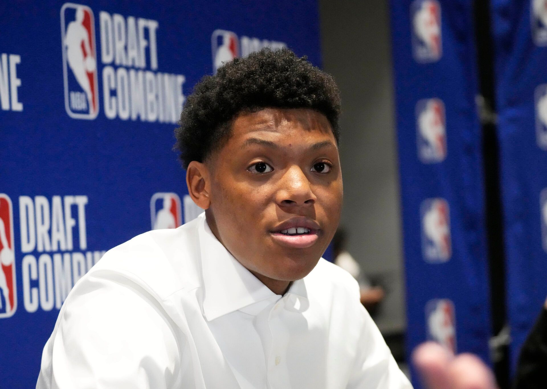 Ace Bailey talks to the media during the 2025 NBA Draft Combine at Marriott Marquis Chicago.