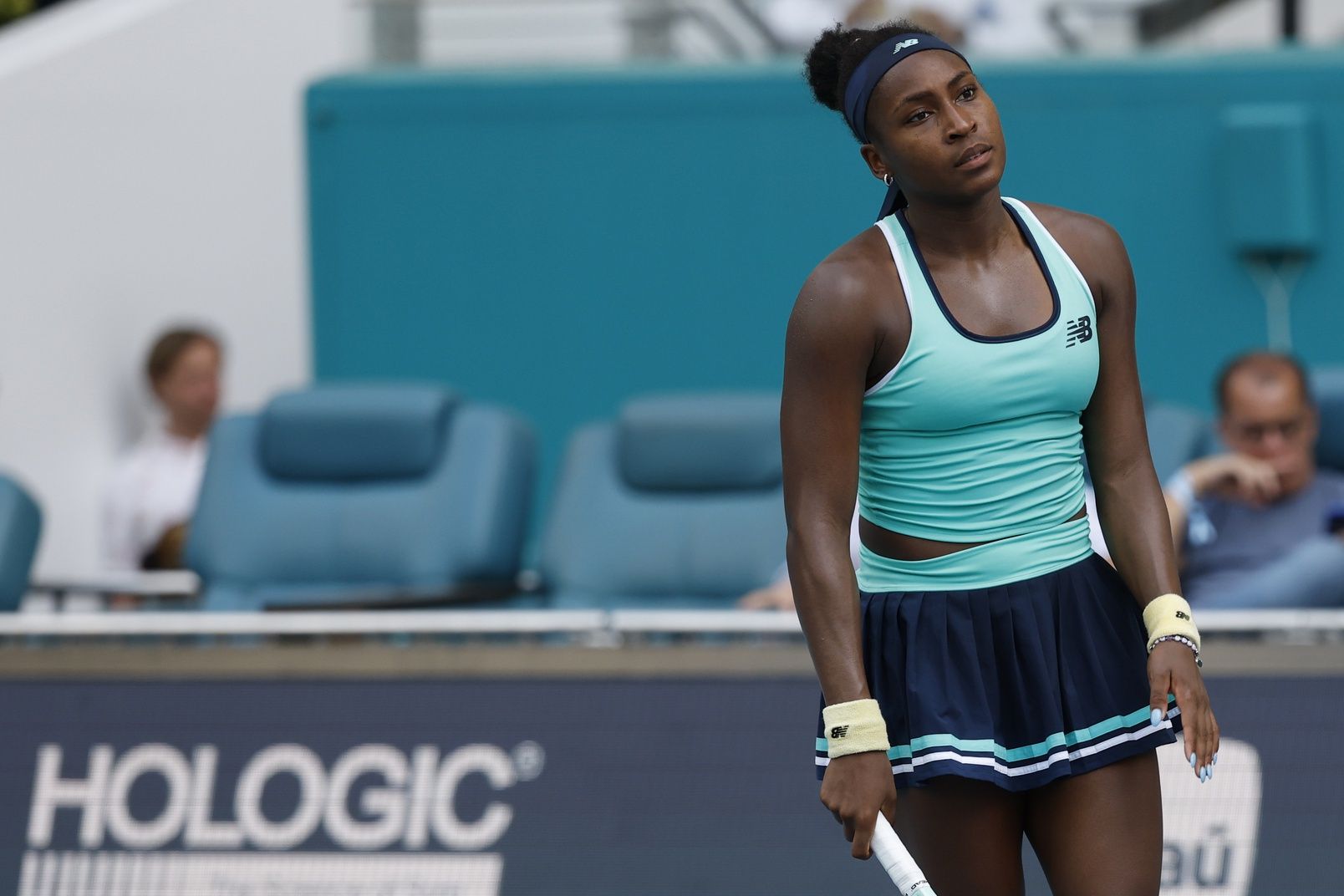 Coco Gauff (USA) reacts after losing a point against Magna Linette (POL)(not pictured) on day seven of the Miami Open at Hard Rock Stadium.
