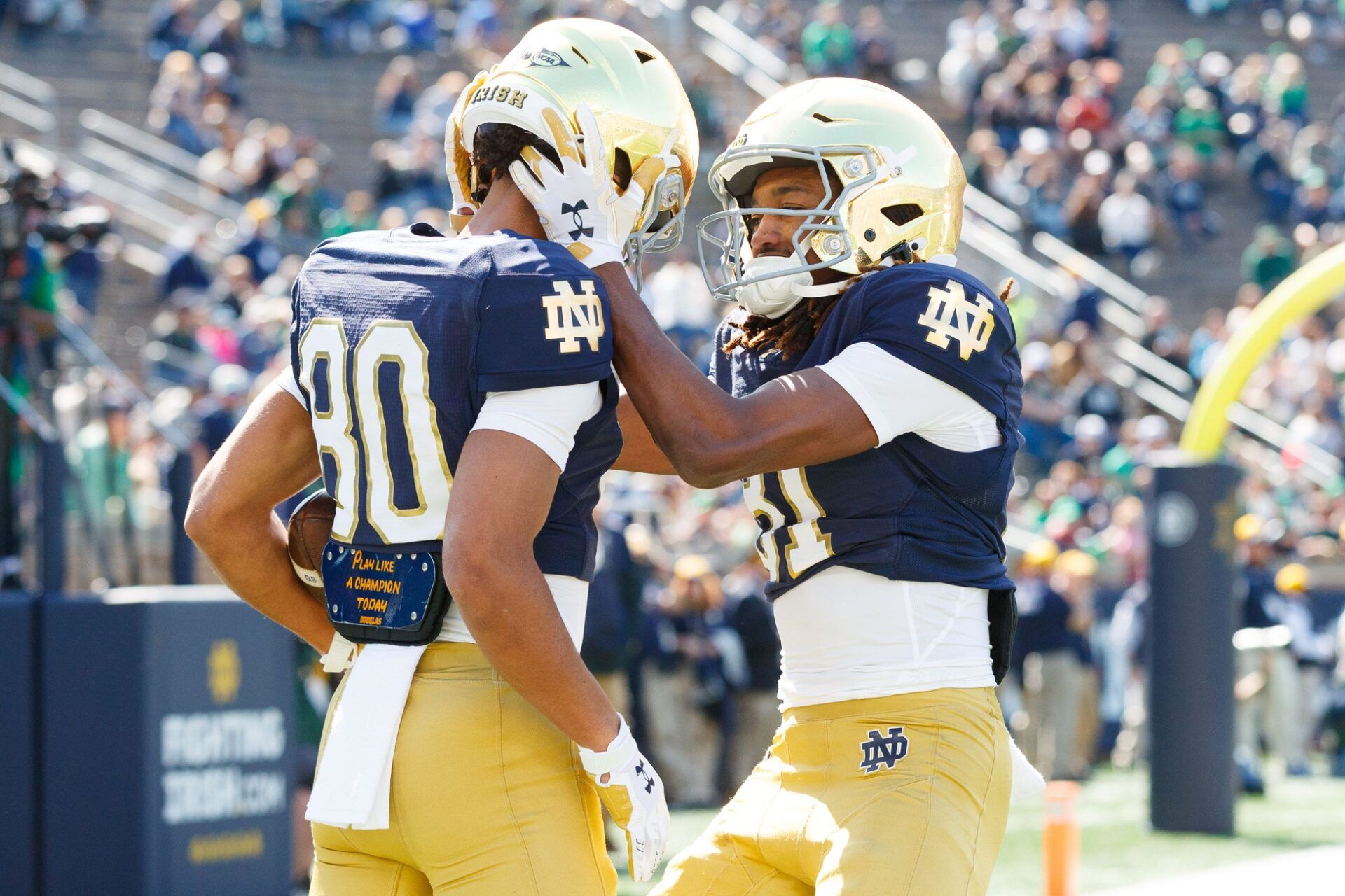 Notre Dame wide receivers Xavier Southall (80) Scrap Richardson celebrate after a touchdown scored by Southall during the Notre Dame Blue-Gold spring football game at Notre Dame Stadium on Saturday, April 12, 2025, in South Bend.