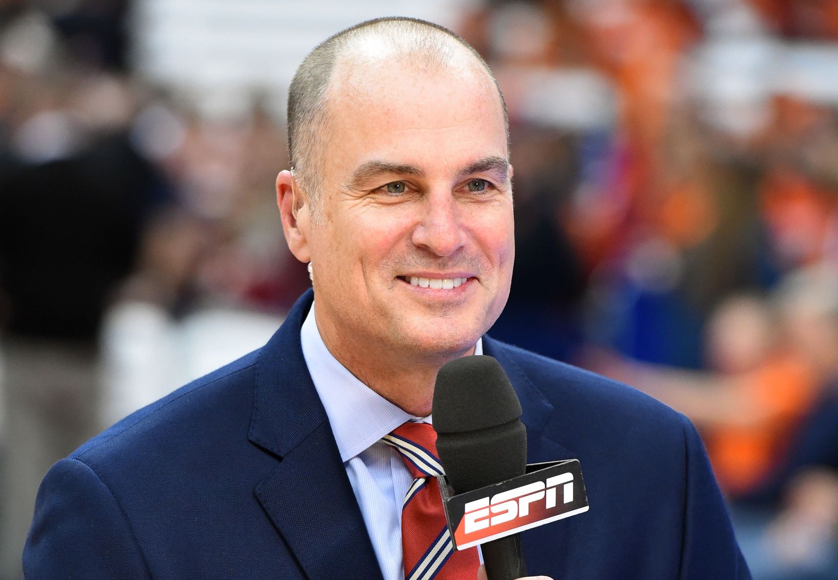 ESPN analyst Jay Bilas looks on prior to the game between the Duke Blue Devils and the Syracuse Orange at the Carrier Dome.  Duke defeated Syracuse 80-72.