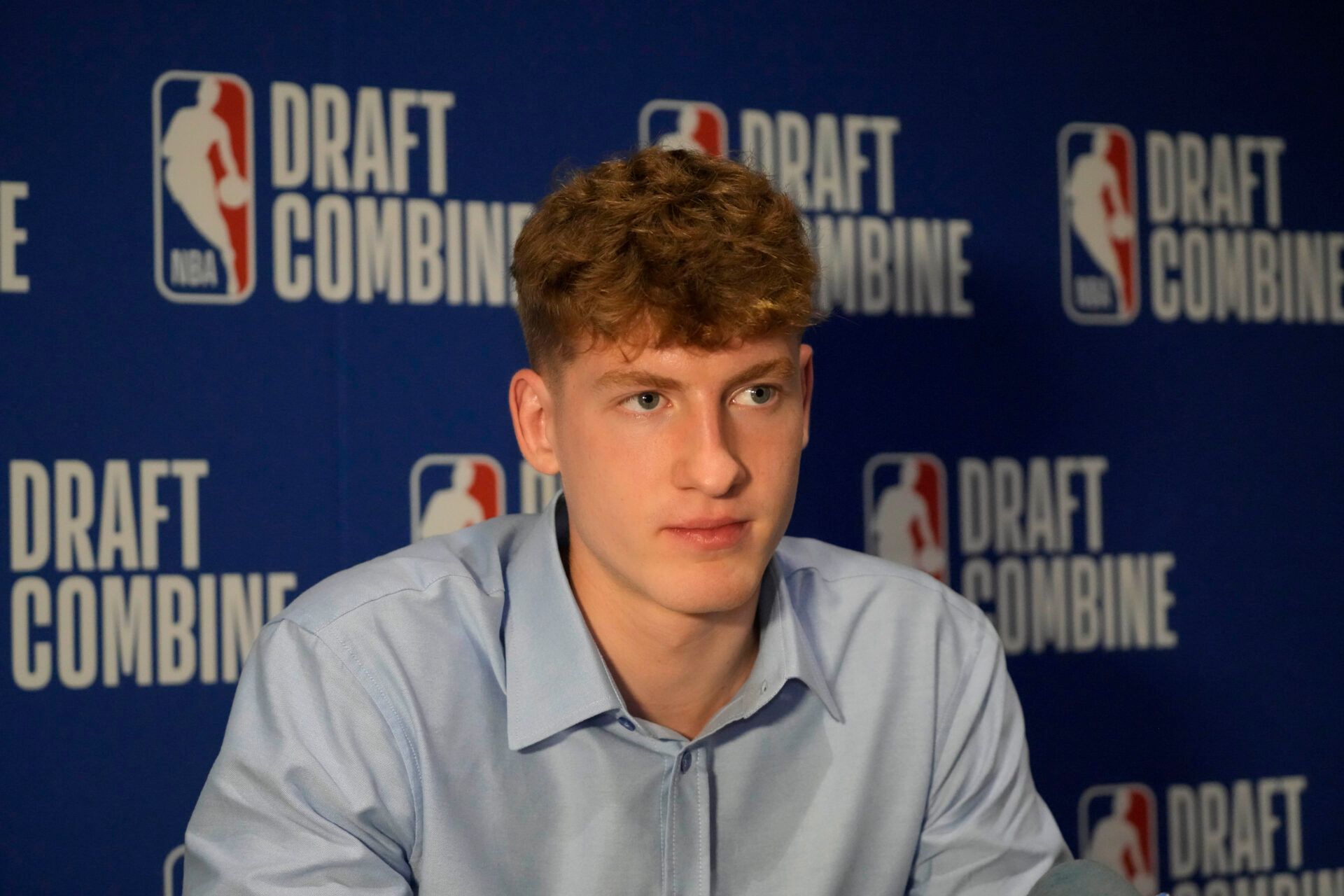 Kasparas Jakucionis talks to the media during the 2025 NBA Draft Combine at Marriott Marquis Chicago.