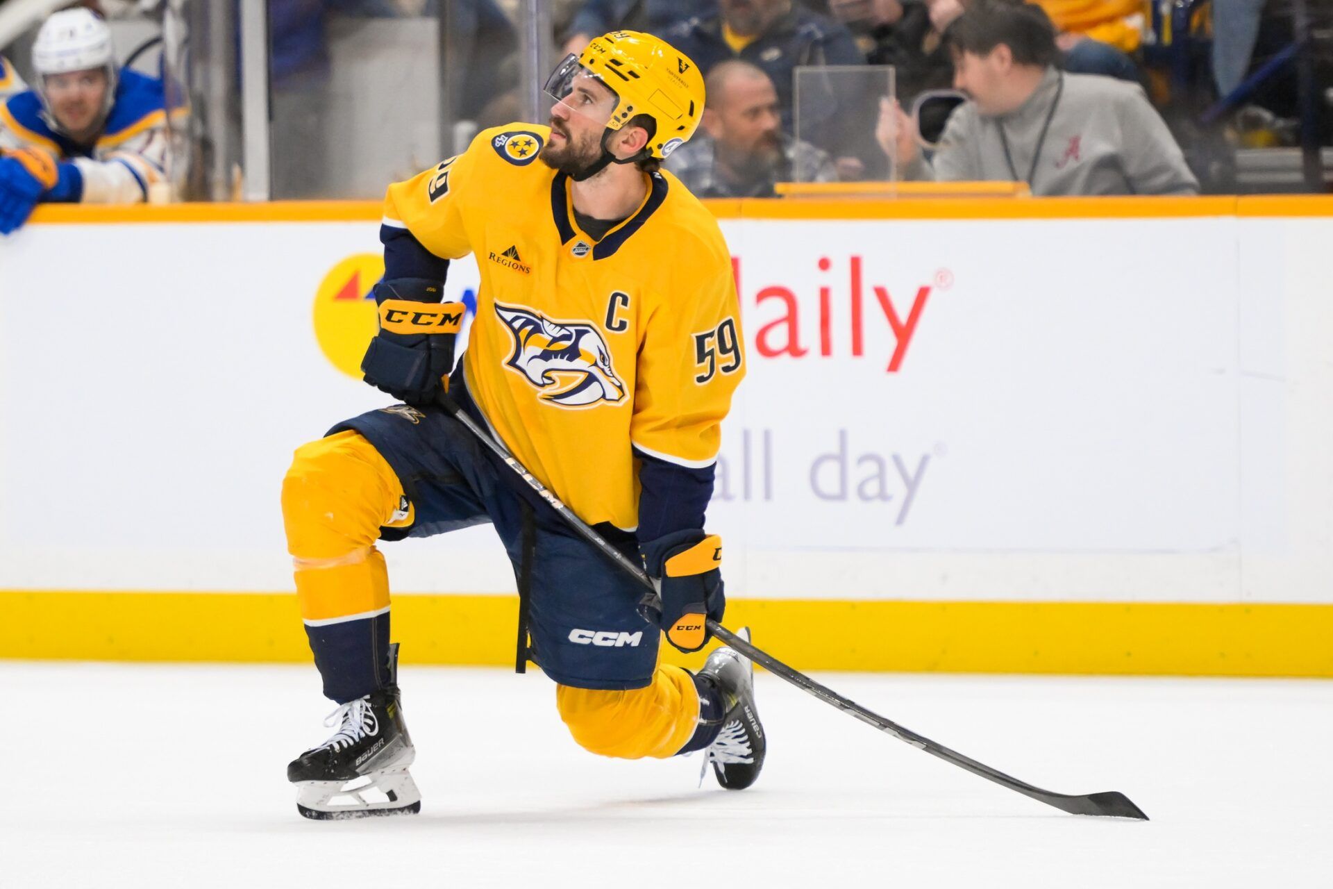 Nashville Predators defenseman Roman Josi (59) awaits a face off against the Buffalo Sabres during the first period at Bridgestone Arena.