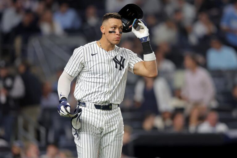 New York Yankees right fielder Aaron Judge (99) reacts after striking out to end the eighth inning against the Los Angeles Angels at Yankee Stadium.