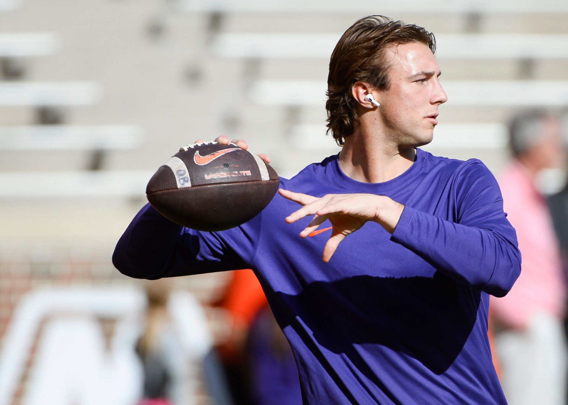 Clemson Tigers quarterback Cade Klubnik (2) warms up prior to the game against the Virginia Cavaliers at Memorial Stadium.