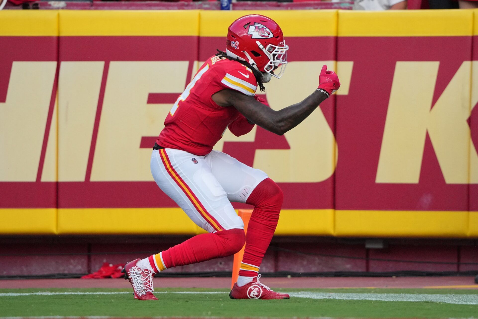 Kansas City Chiefs wide receiver Rashee Rice (4) celebrates after scoring against the Cincinnati Bengals during the game at GEHA Field at Arrowhead Stadium.