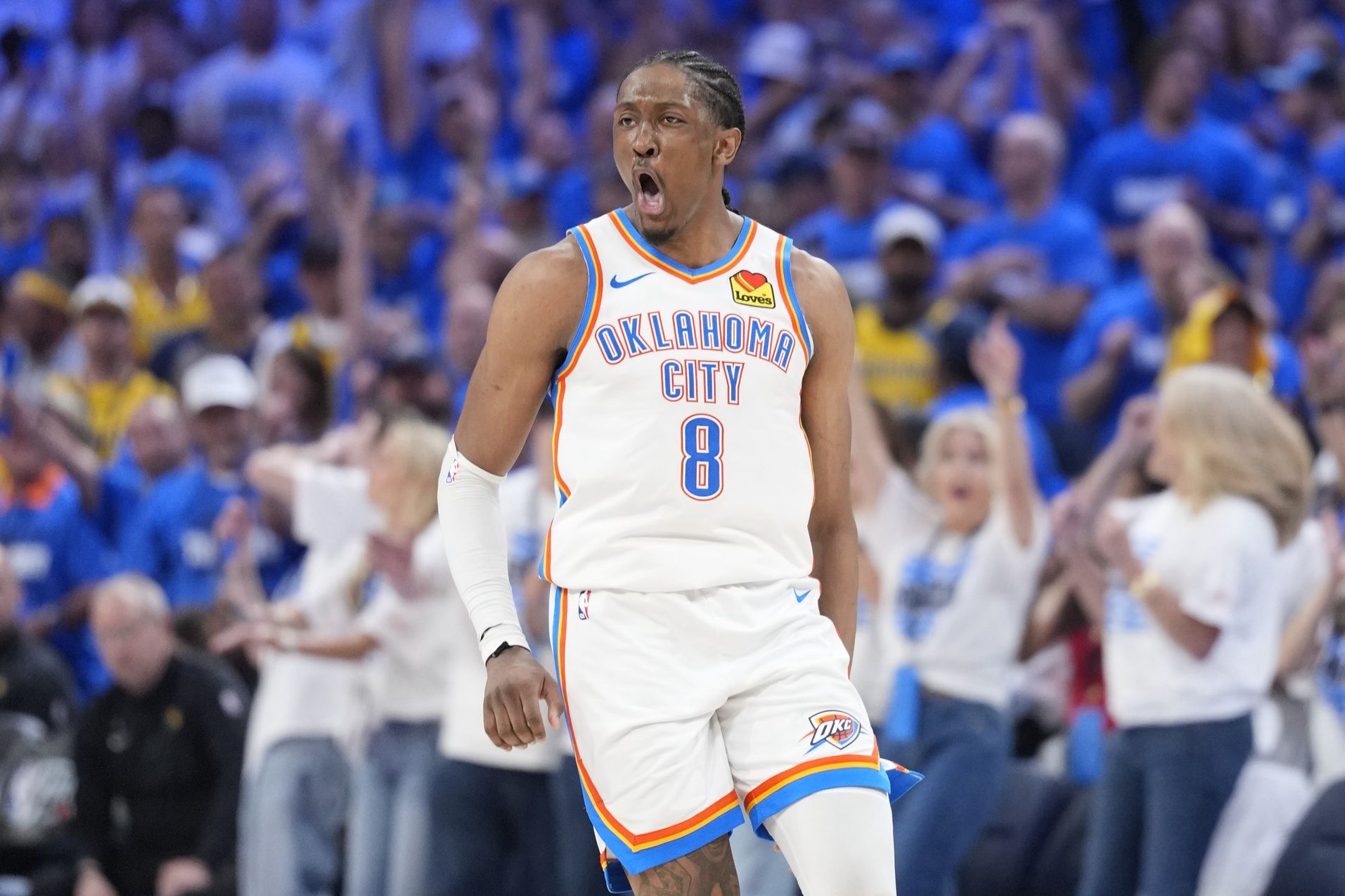 Oklahoma City Thunder forward Jalen Williams (8) reacts during the fourth quarter of game five of the 2025 NBA Finals against the Indiana Pacers at Paycom Center.