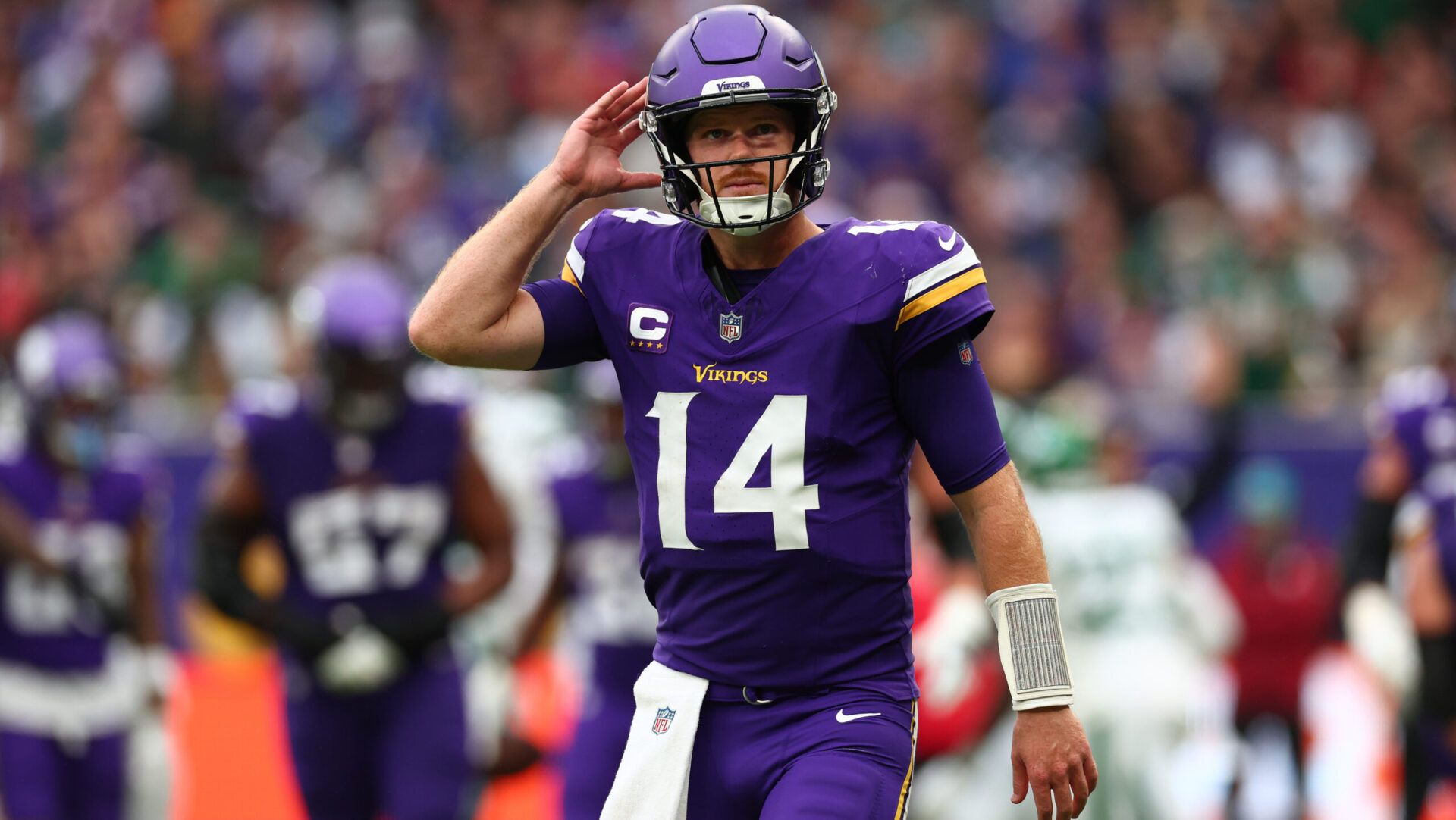 Minnesota Vikings Quarterback Sam Darnold (14) reacts to an incomplete pass in the 2nd Quarter against New York Jets at Tottenham Hotspur Stadium.