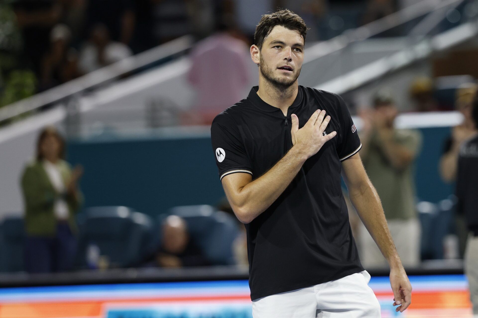 Taylor Fritz (USA) celebrates after his match against Matteo Berrettini (ITA)(not pictured) in a men's singles quarterfinal on day ten of the Miami Open at Hard Rock Stadium.