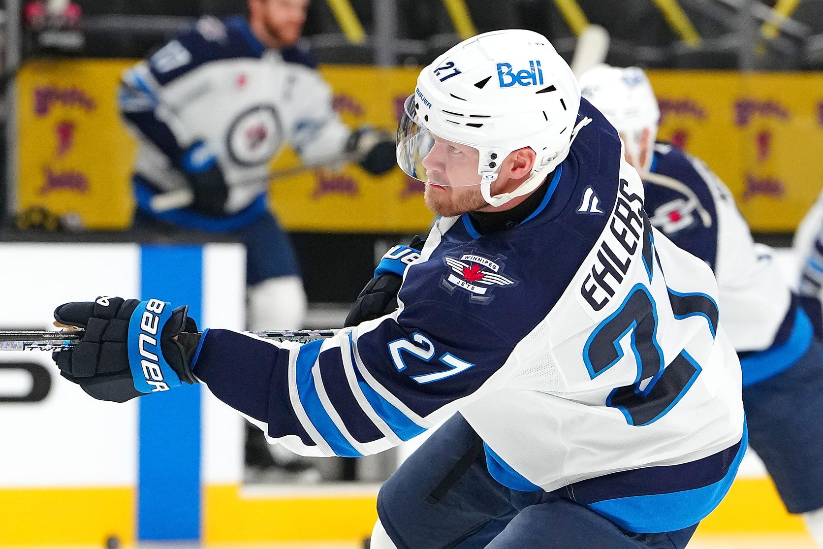 Winnipeg Jets left wing Nikolaj Ehlers (27) warms up before a game against the Vegas Golden Knights at T-Mobile Arena.