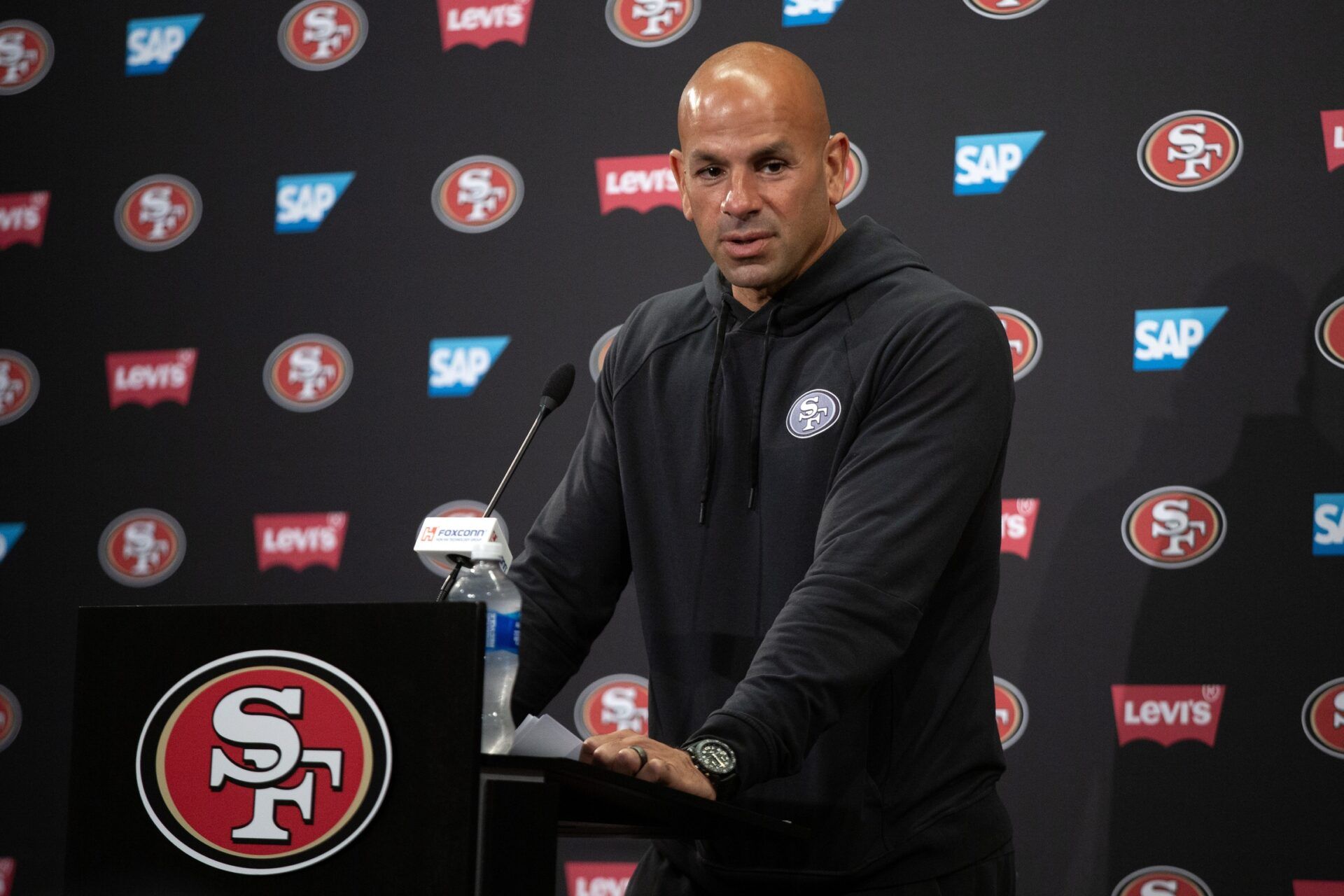 San Francisco 49ers defensive coordinator Robert Saleh speaks to the media following a team OTA at Levi's Stadium.