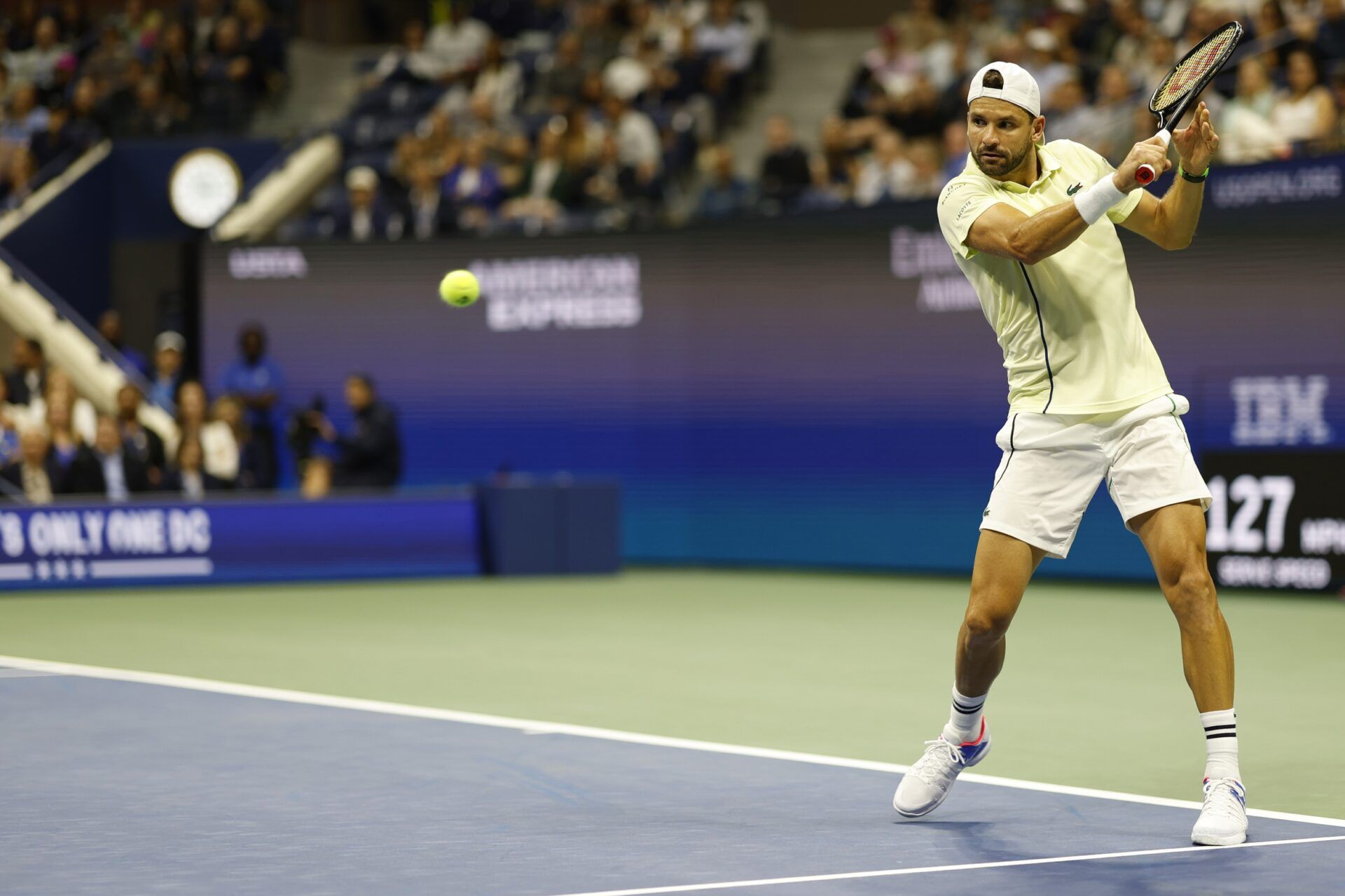 Grigor Dimitrov (BUL) hits a backhand against Frances Tiafoe (USA)(not pictured) on day nine of the U.S. Open tennis tournament at the USTA Billie Jean King National Tennis Center.