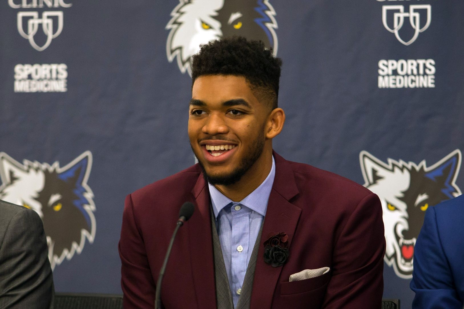 Minnesota Timberwolves number one overall draft pick Karl-Anthony Towns addresses the media at Mayo Clinic Square.