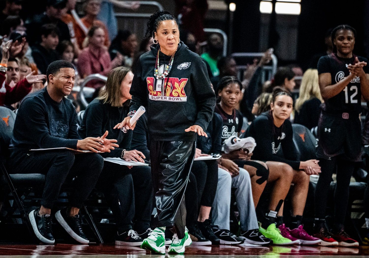 South Carolina Gamecocks head coach Dawn Staley tells her team to stay calm in the second half as the Texas Longhorns take on the Gamecocks at the Moody Center, Feb. 9, 2025. Texas won the game 66-62.
