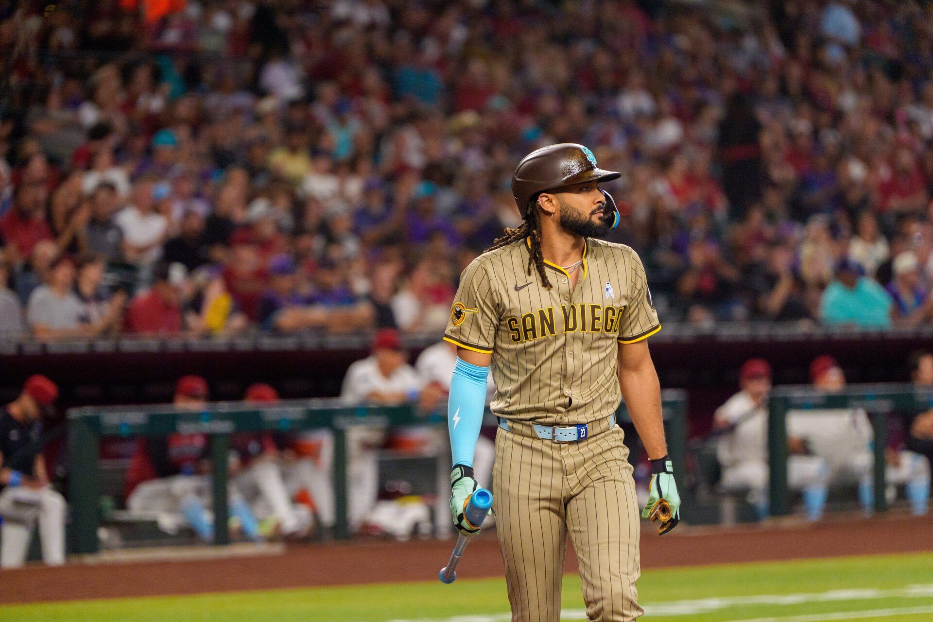 San Diego Padres outfielder Fernando Tatis Jr. (23) reacts after striking out in the first inning against the Arizona Diamondbacks at Chase Field.