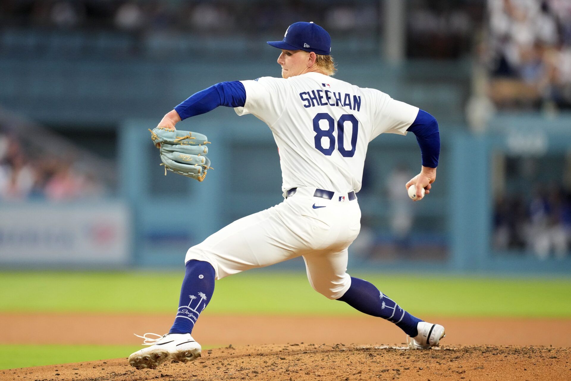 Los Angeles Dodgers pitcher Emmet Sheehan (80) throws in the fourth inning against the San Diego Padres at Dodger Stadium.