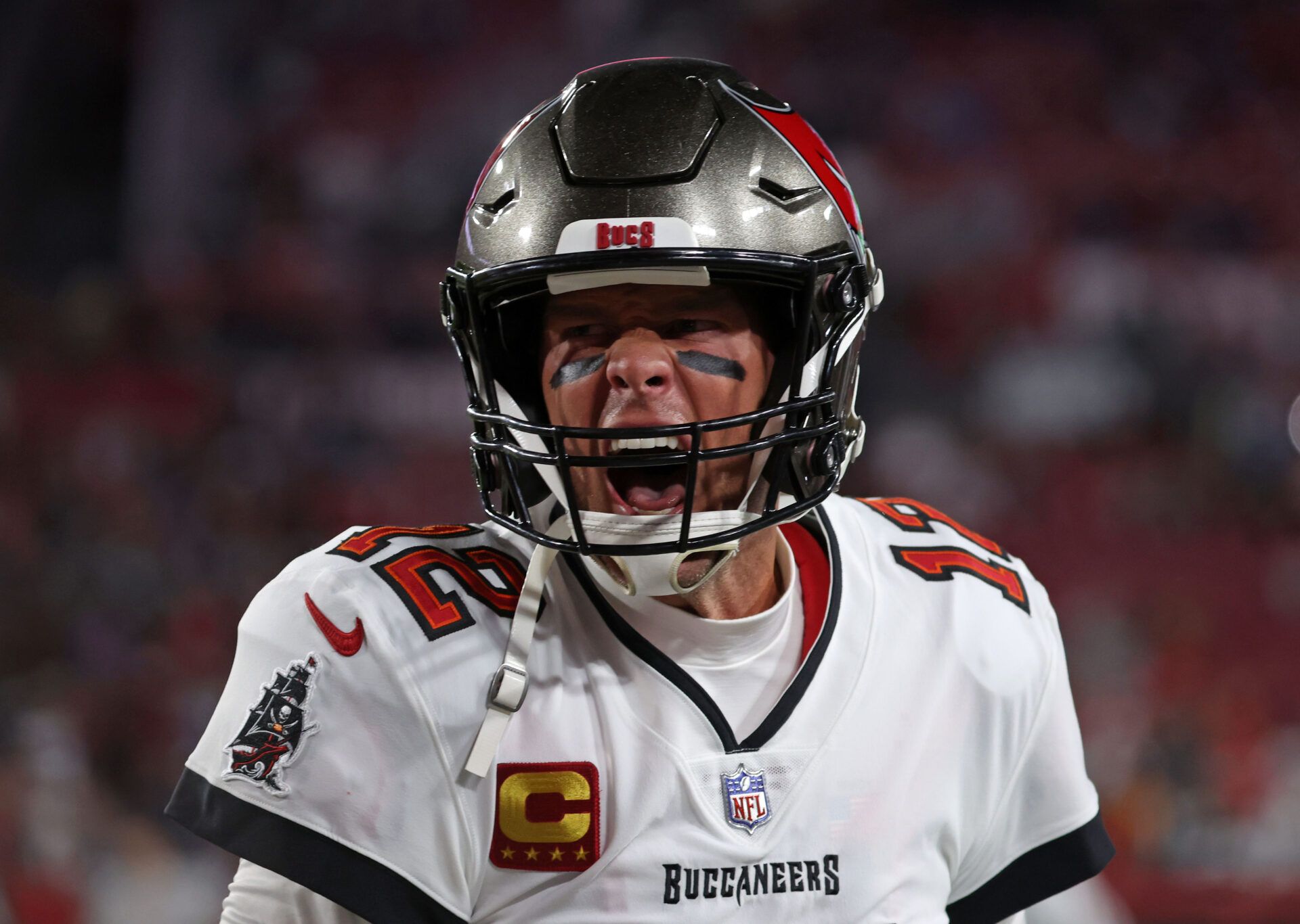 Tampa Bay Buccaneers quarterback Tom Brady (12) reacts before the wild card game against the Dallas Cowboys at Raymond James Stadium.