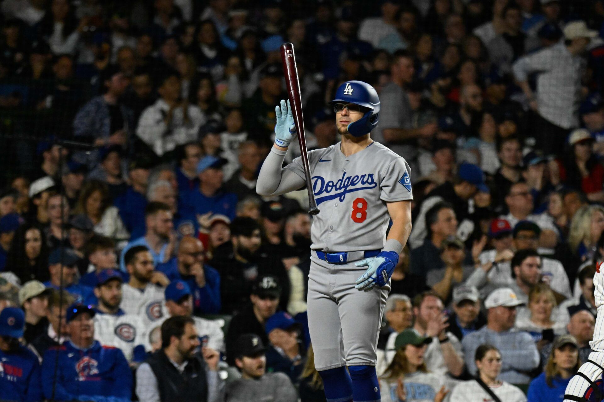 Los Angeles Dodgers first base Enrique Hernández (8) reacts after striking out during the seventh inning against the Chicago Cubs at Wrigley Field.