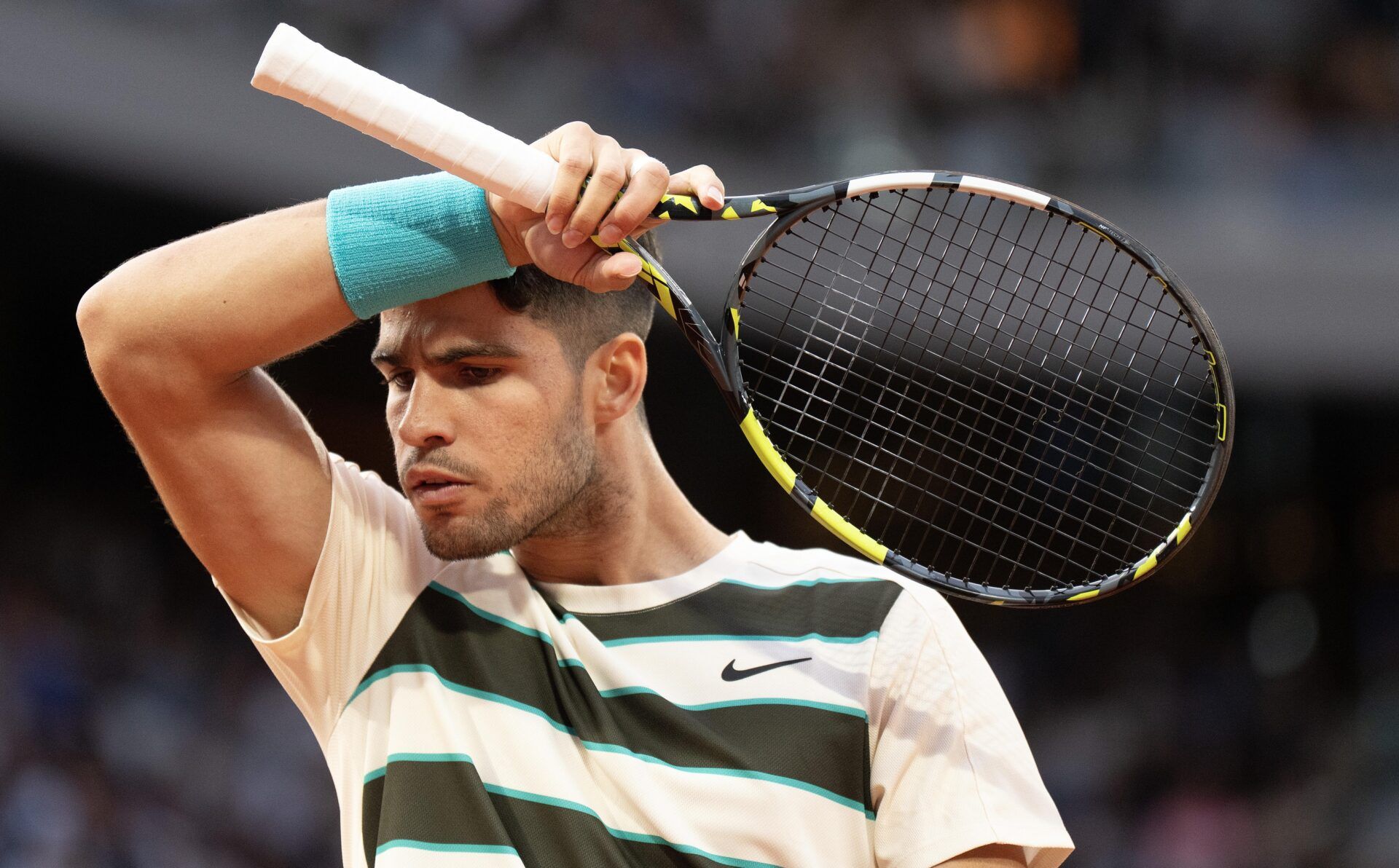 Carlos Alcaraz of Spain during his match  against Tommy Paul of the United States on day 10 at Roland Garros Stadium.