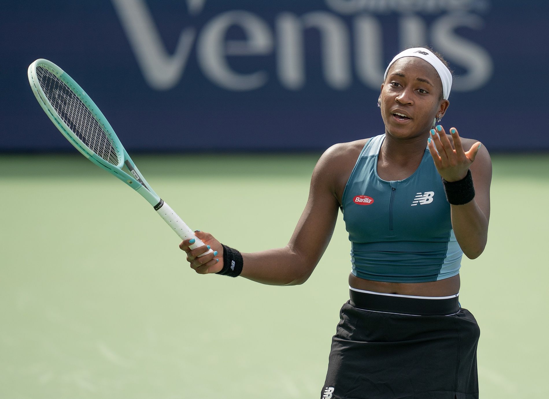 Coco Gauff of the United States reacts during a match against Yulia Putintseva of Kazakhstan on day four of the Cincinnati Open.