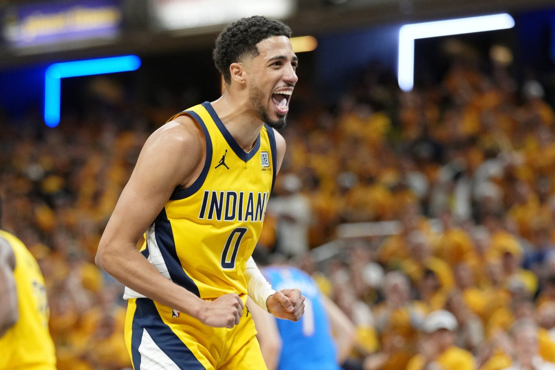 Indiana Pacers guard Tyrese Haliburton (0) reacts after a play against the Oklahoma City Thunder during the second half during game four of the 2025 NBA Finals at Gainbridge Fieldhouse.
