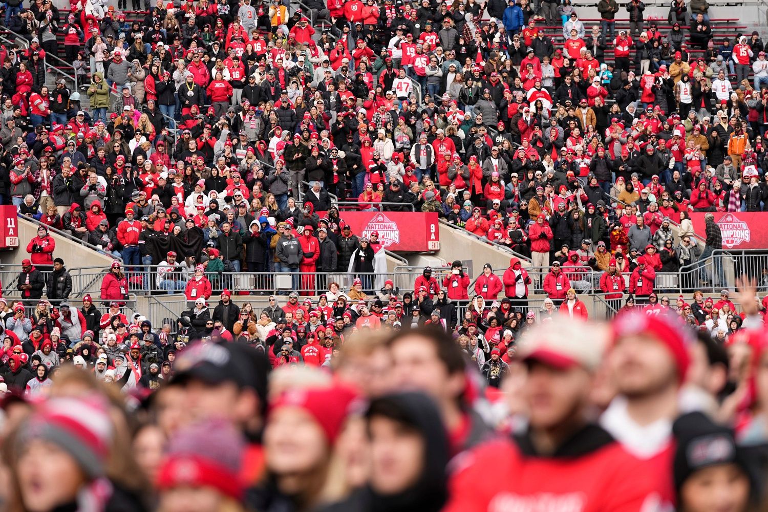 Fans watch during the Ohio State Buckeyes College Football Playoff National Championship celebration at Ohio Stadium in Columbus on Jan. 26, 2025.