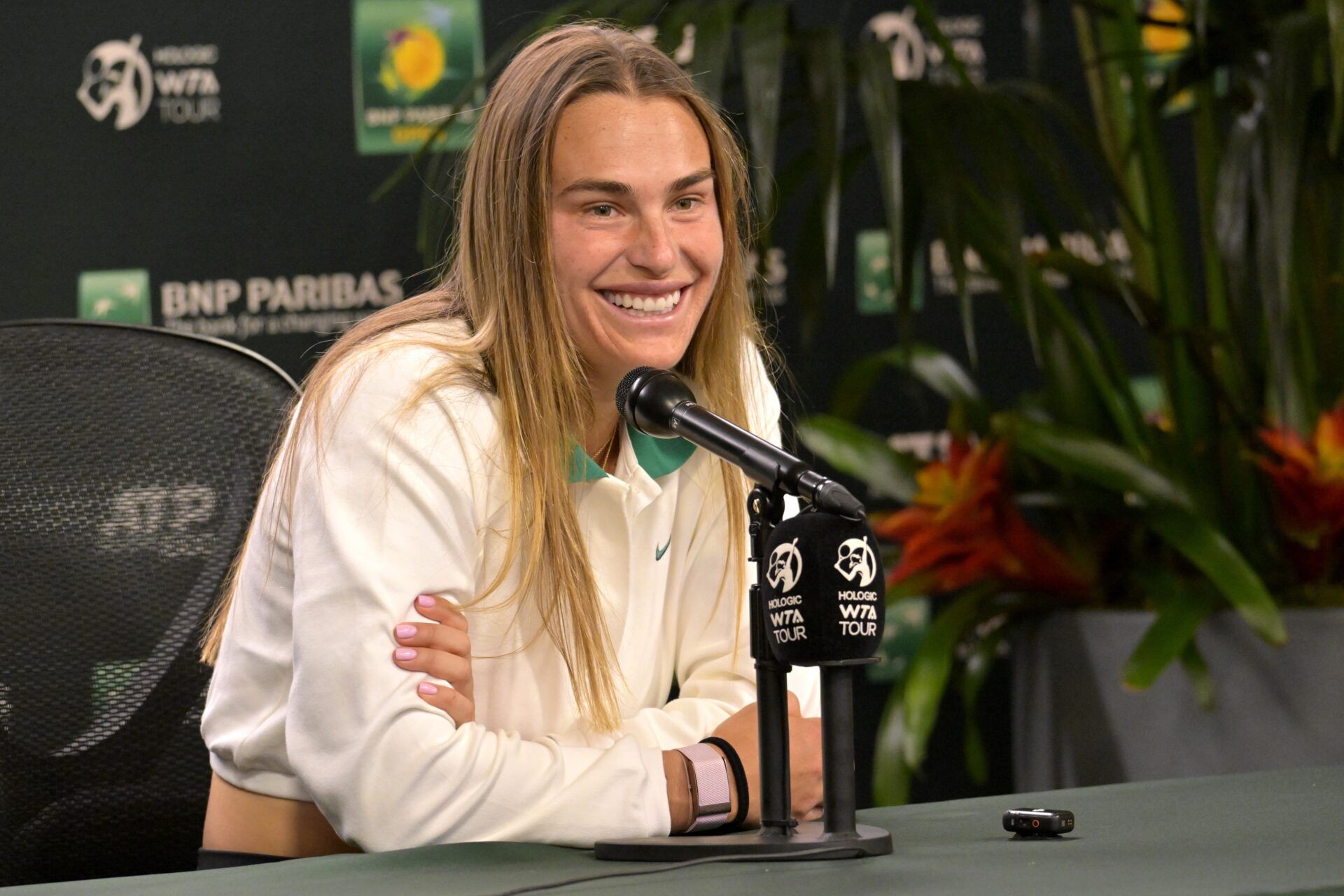 Aryna Sabalenka answers questions from the media during a press conference during the BNP Paribas Open at the Indian Wells Tennis Garden.