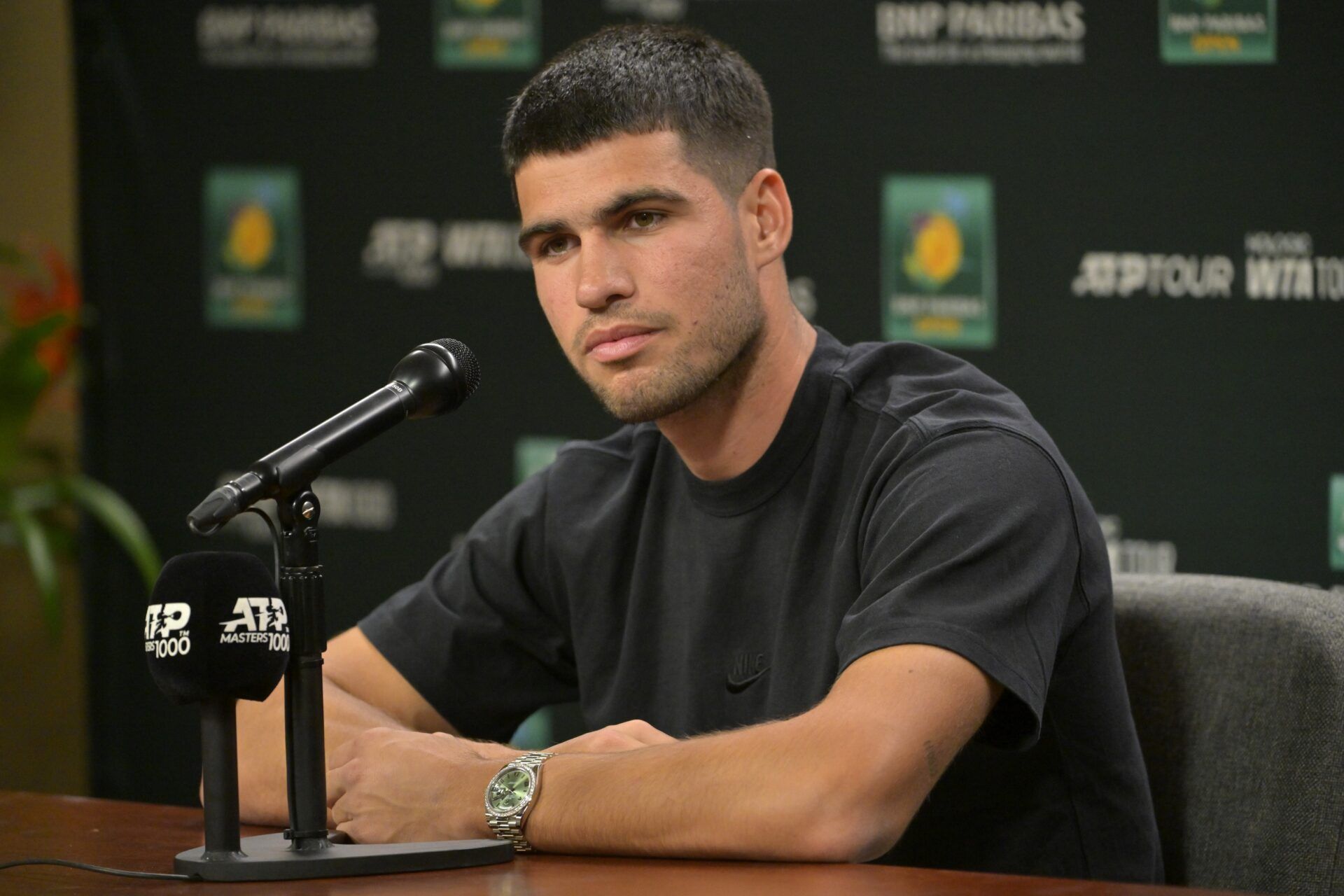 Carlos Alcaraz (ESP) talks to the media during a news conference during the BNP Paribas Open at the Indian Well Tennis Garden.