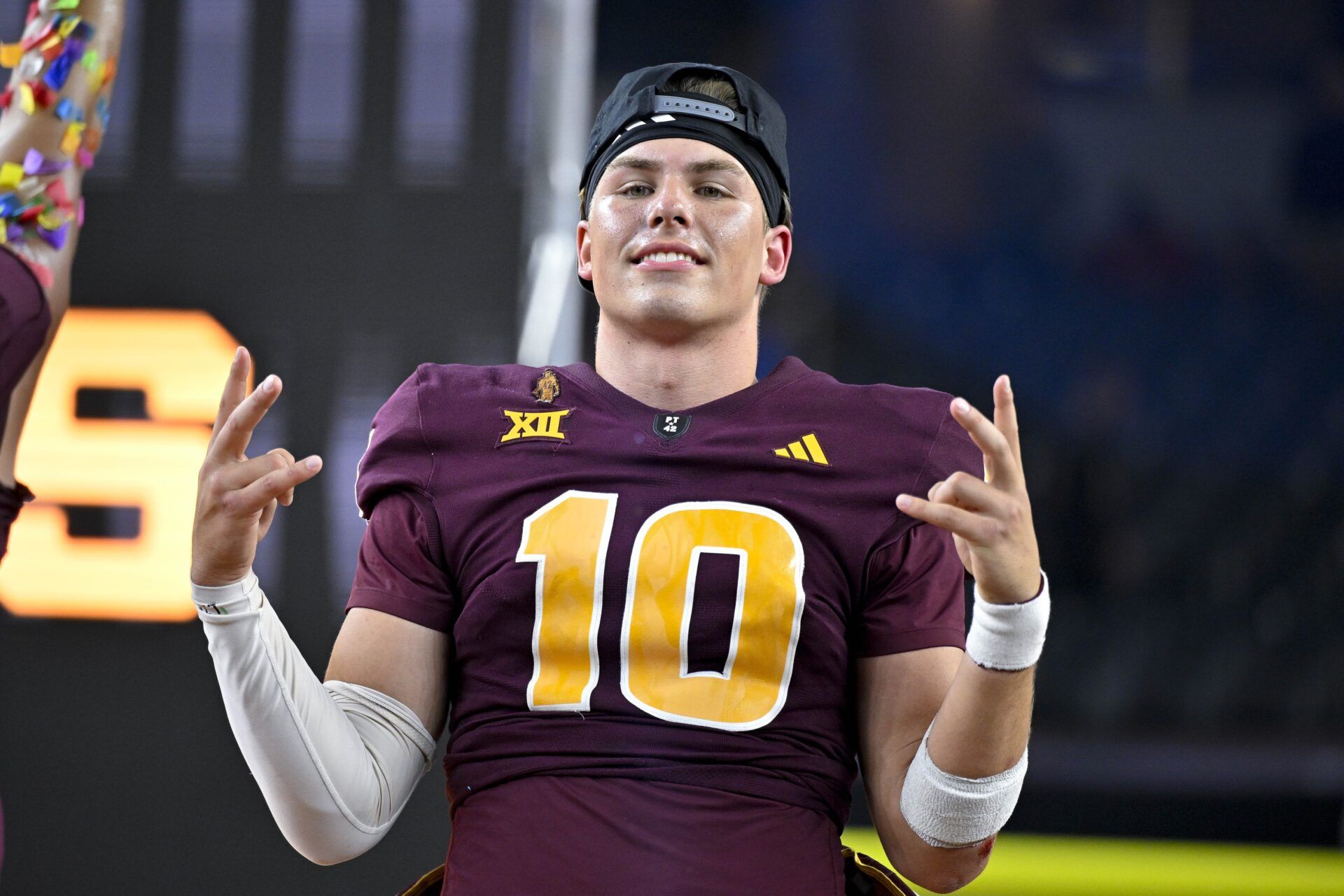 Arizona State Sun Devils quarterback Sam Leavitt (10) celebrates after the Sun Devils defeat the Iowa State Cyclones and win the 2024 Big 12 Championship at AT&T Stadium.