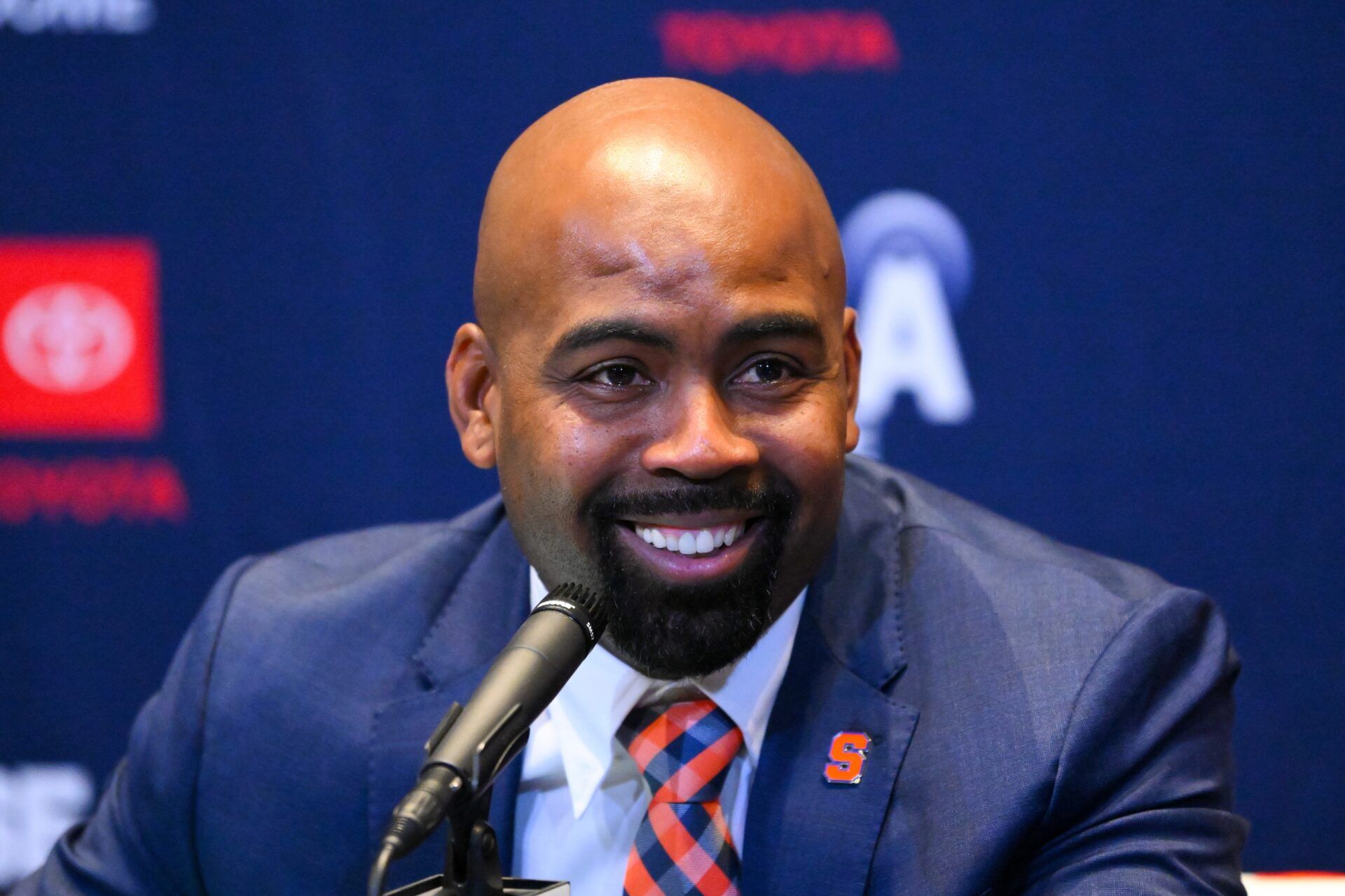 Syracuse Orange head coach Fran Brown reacts during a press conference at the John A. Lally Athletics Complex.