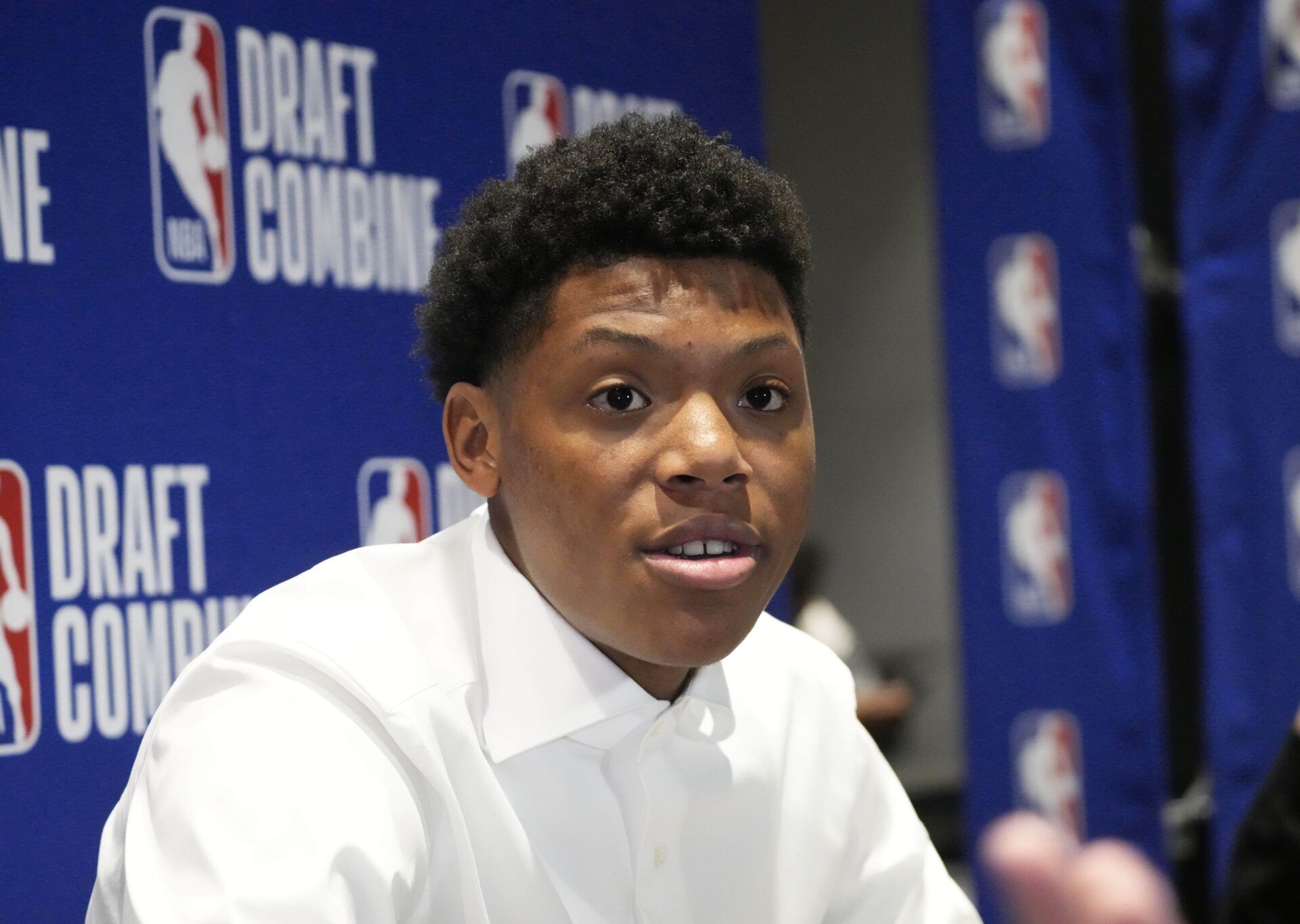 Ace Bailey talks to the media during the 2025 NBA Draft Combine at Marriott Marquis Chicago.