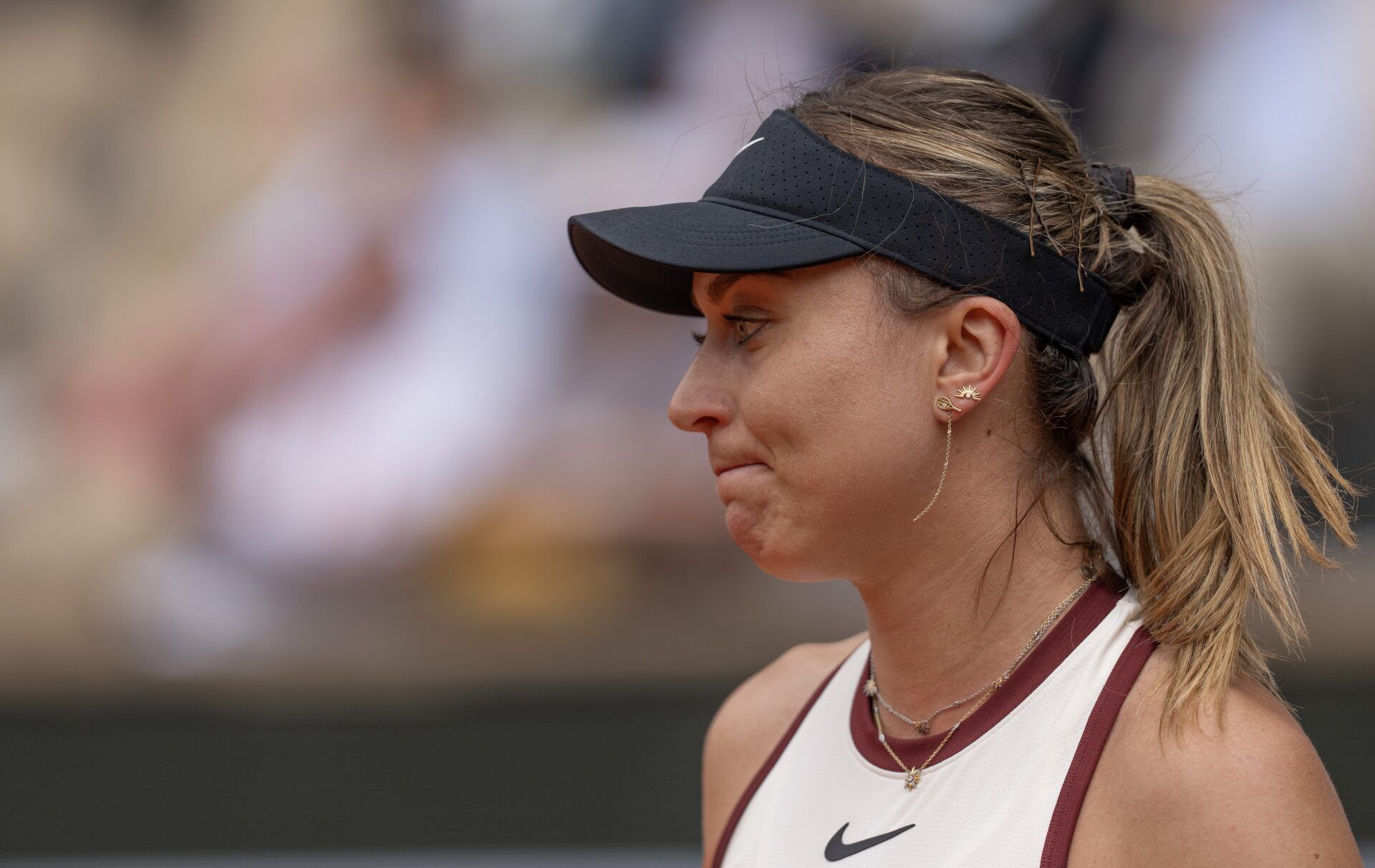 Paula Badosa of Spain  during her match against Naomi Osaka of Japan on day two at Roland Garros Stadium.