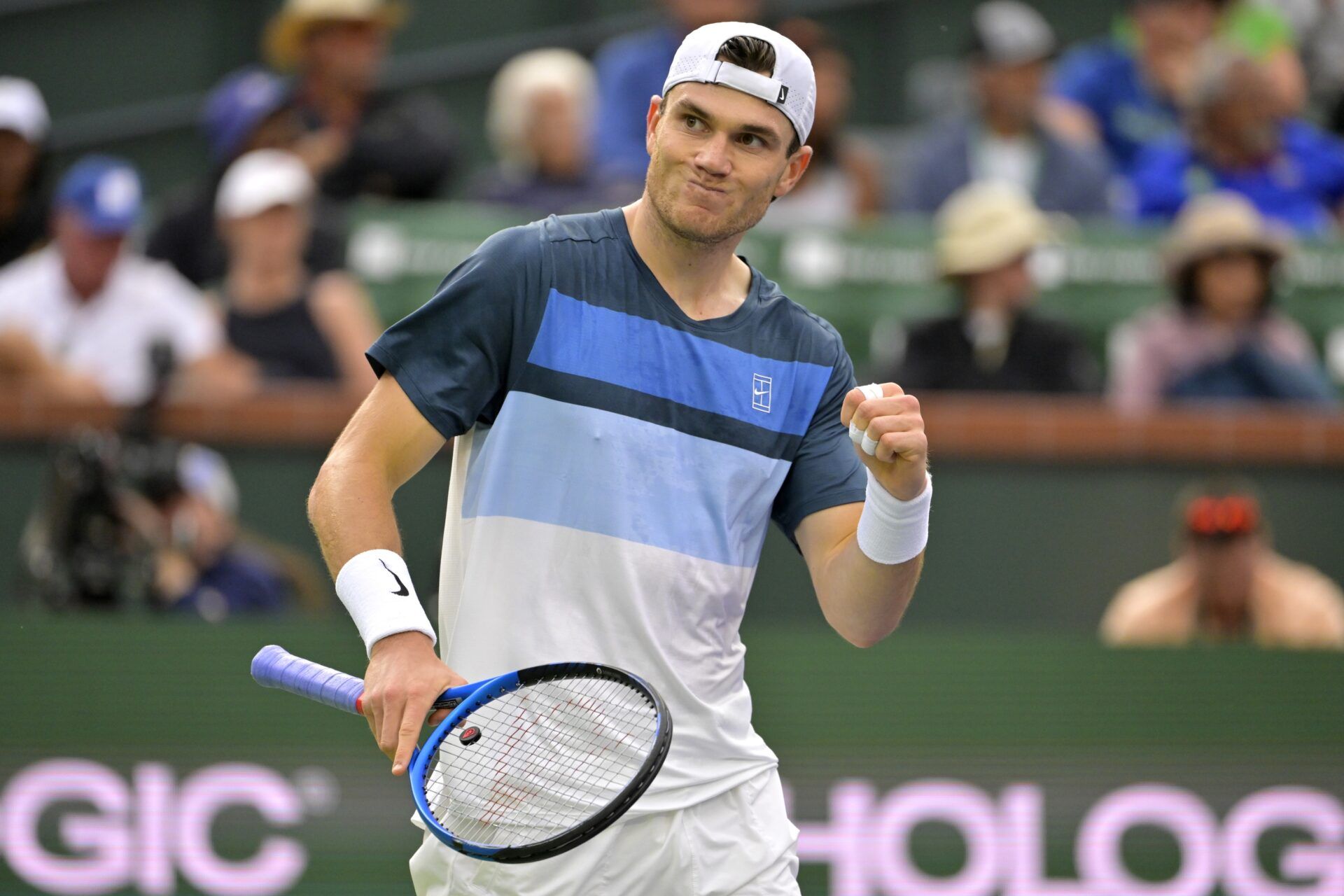 Jack Draper (GBR) reacts after winning the first set during his fourth round match as he defeated Taylor Fritz (not pictured) at the BNP Paribas Open at the Indian Well Tennis Garden.