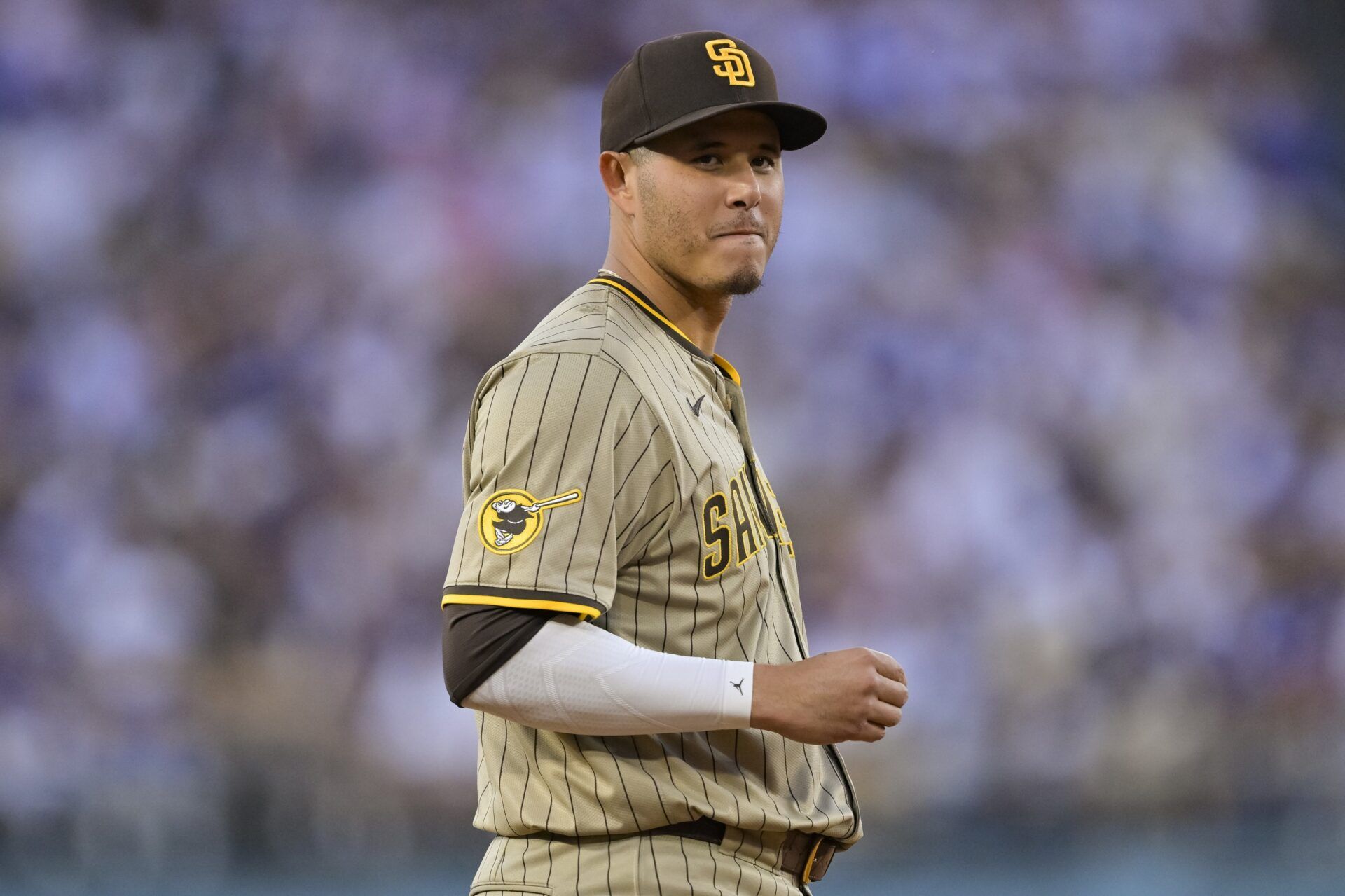 San Diego Padres third baseman Manny Machado (13) looks on during the second inning against the Los Angeles Dodgers at Dodger Stadium.
