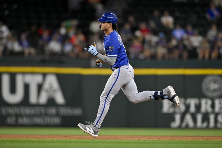 Kansas City Royals right fielder Jac Caglianone (14) rounds the bases after hitting a home run against the Texas Rangers during the ninth inning at Globe Life Field.