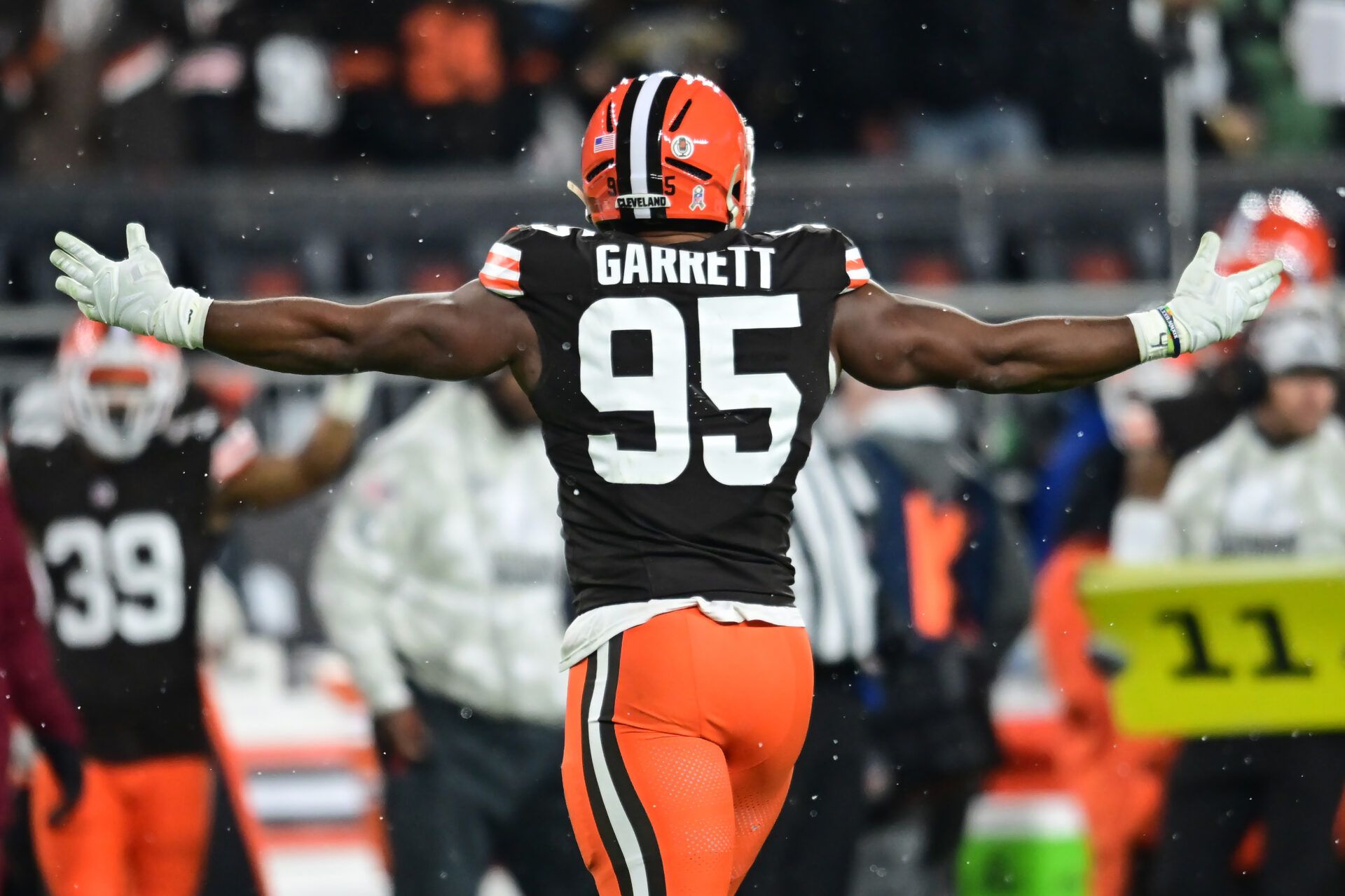 Cleveland Browns defensive end Myles Garrett (95) celebrates after sacking Pittsburgh Steelers quarterback Russell Wilson (not pictured) during the first half at Huntington Bank Field.