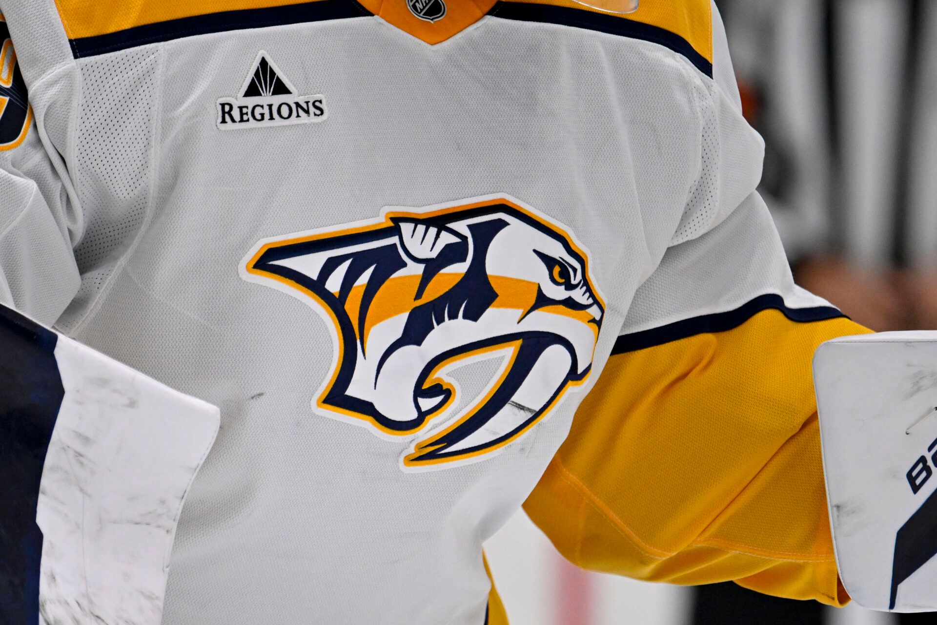 A view of the Nashville Predators logo on the jersey of goaltender Justus Annunen (29) during the game between the Dallas Stars and the Nashville Predators at American Airlines Center.