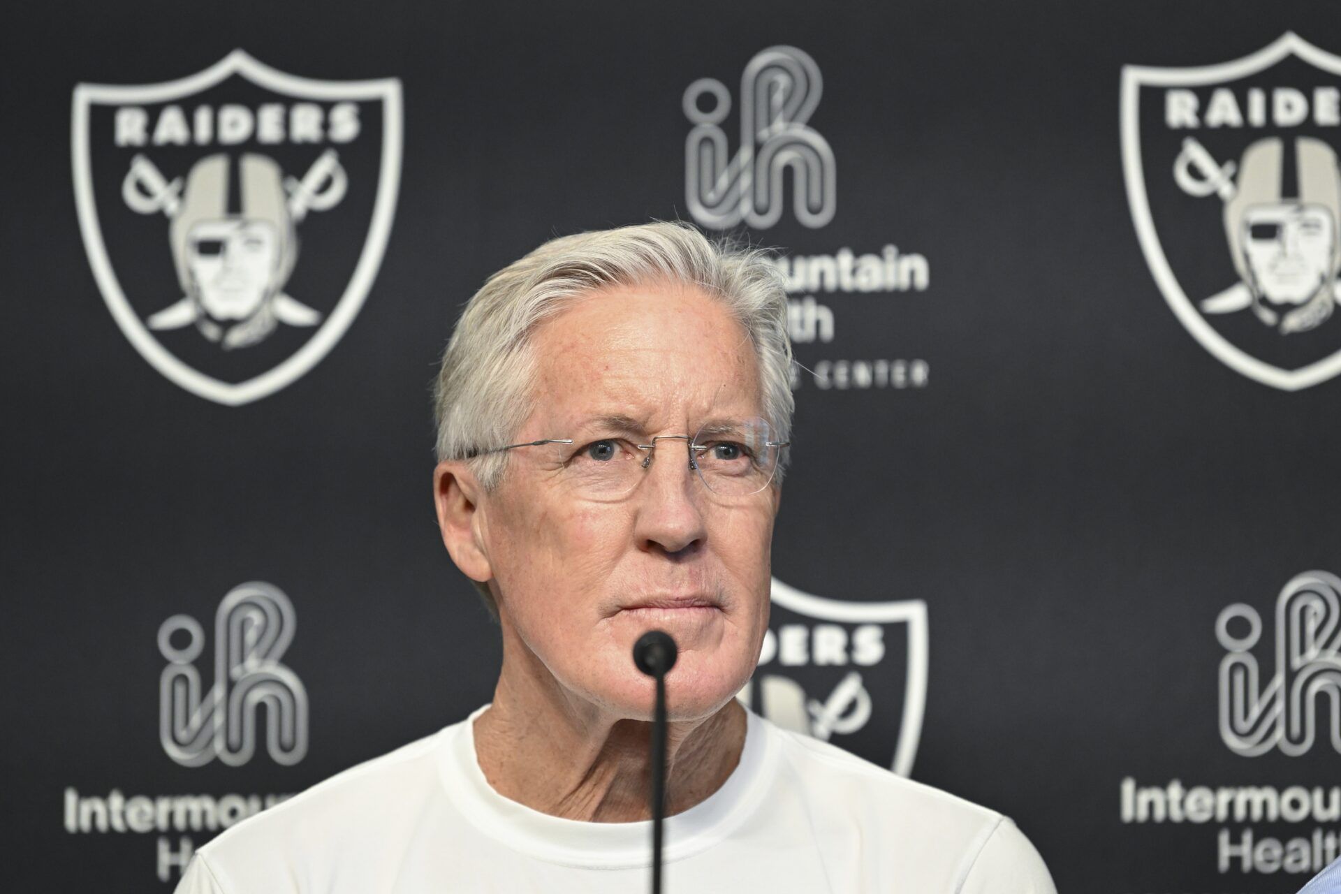 Las Vegas Raiders head coach Pete Carroll at a news conference introducing Ashton Jeanty as the first round draft pick in the 2025 NFL Draft at Intermountain Health Performance Center.