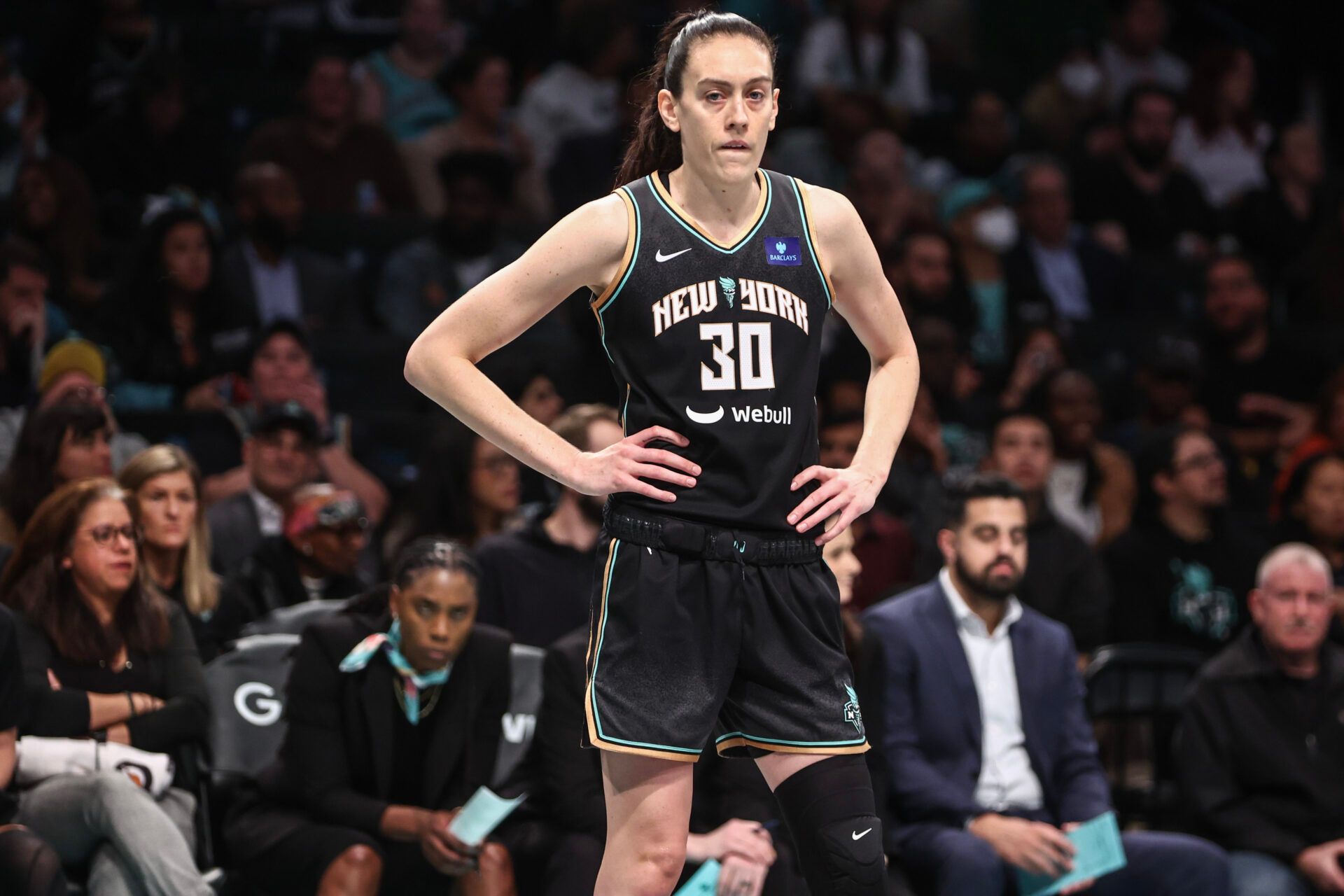 New York Liberty forward Breanna Stewart (30) during game two of the first round of the 2024 WNBA Playoffs at Barclays Center.