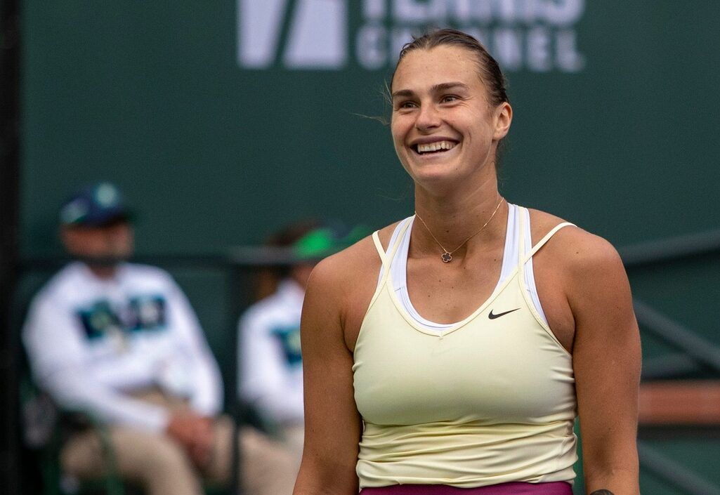 Aryna Sabalenka of Belarus smiles after a point against Elena Rybakina of Kazakhstan during the women's singles final of the BNP Paribas Open at the Indian Wells Tennis Garden in Indian Wells, Calif., Sunday, March 19, 2023.