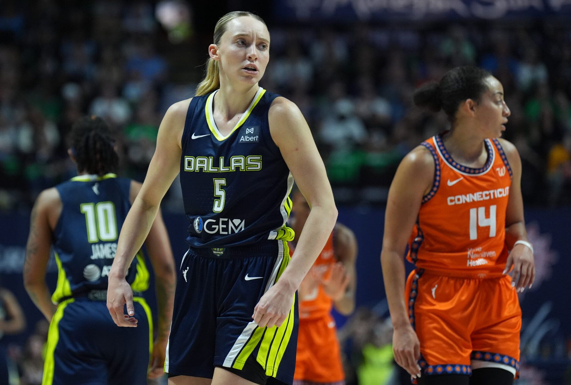 Dallas Wings guard Paige Bueckers (5) reacts after a play against the Connecticut Sun in the second half at Mohegan Sun Arena.