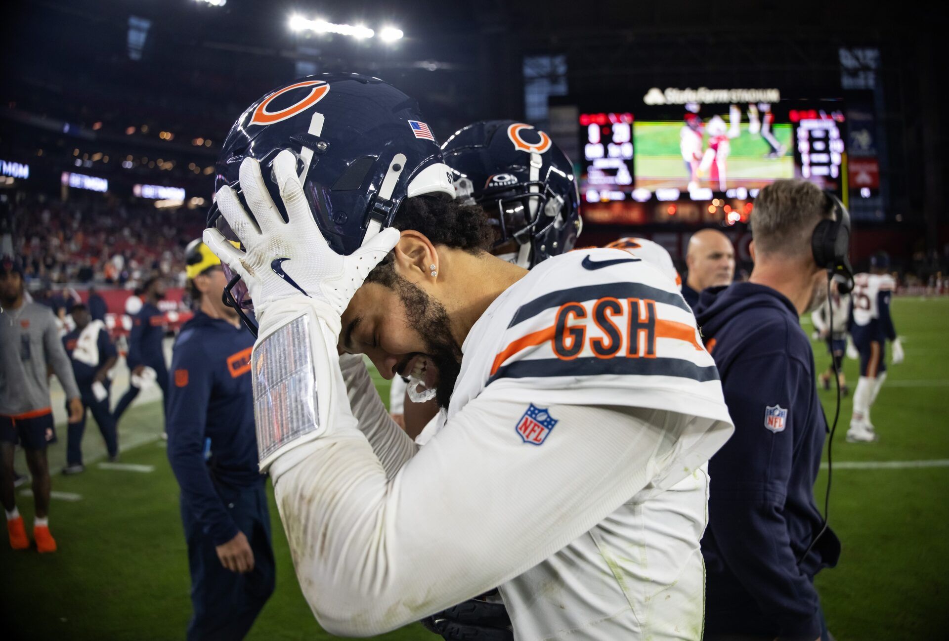 Chicago Bears quarterback Caleb Williams (18) reacts following the game against the Arizona Cardinals at State Farm Stadium.