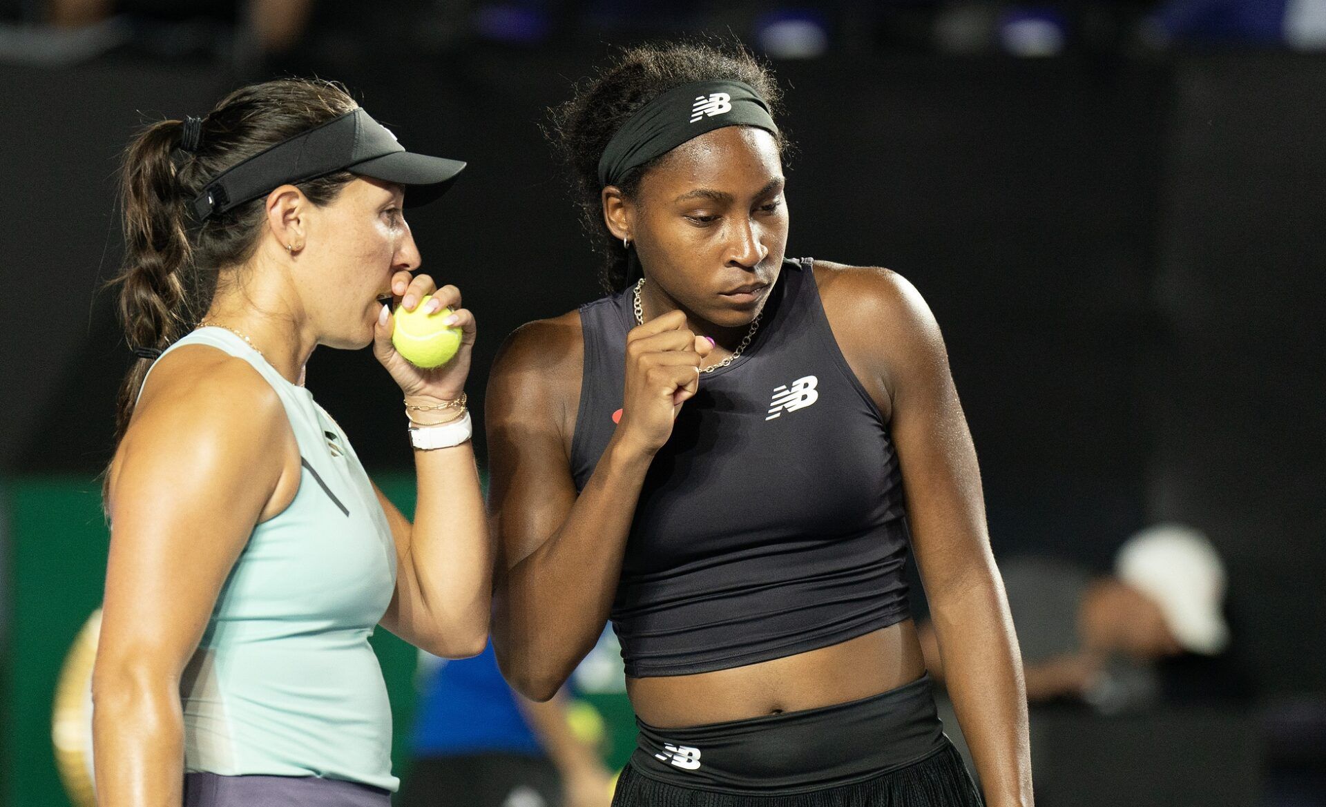 Coco Gauff (USA) and Jessica Pegula (USA) during their doubles match against Babora Krejcikova (CZE) and Katerina Siniakova (CZE) on day four of the GNP Saguaros WTA Finals Cancun.
