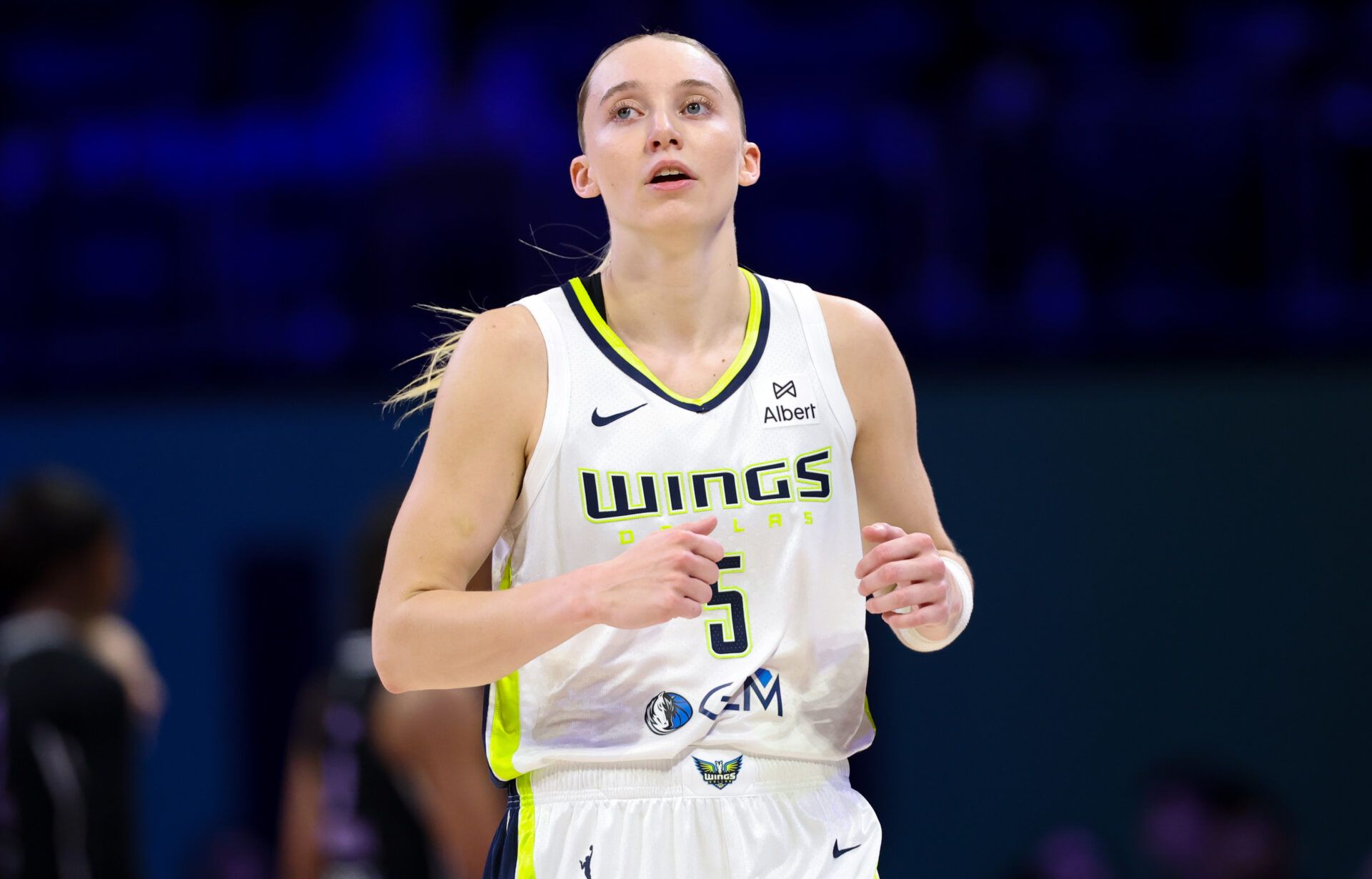 Dallas Wings guard Paige Bueckers (5) reacts during the second half against the Golden State Valkyries at College Park Center.